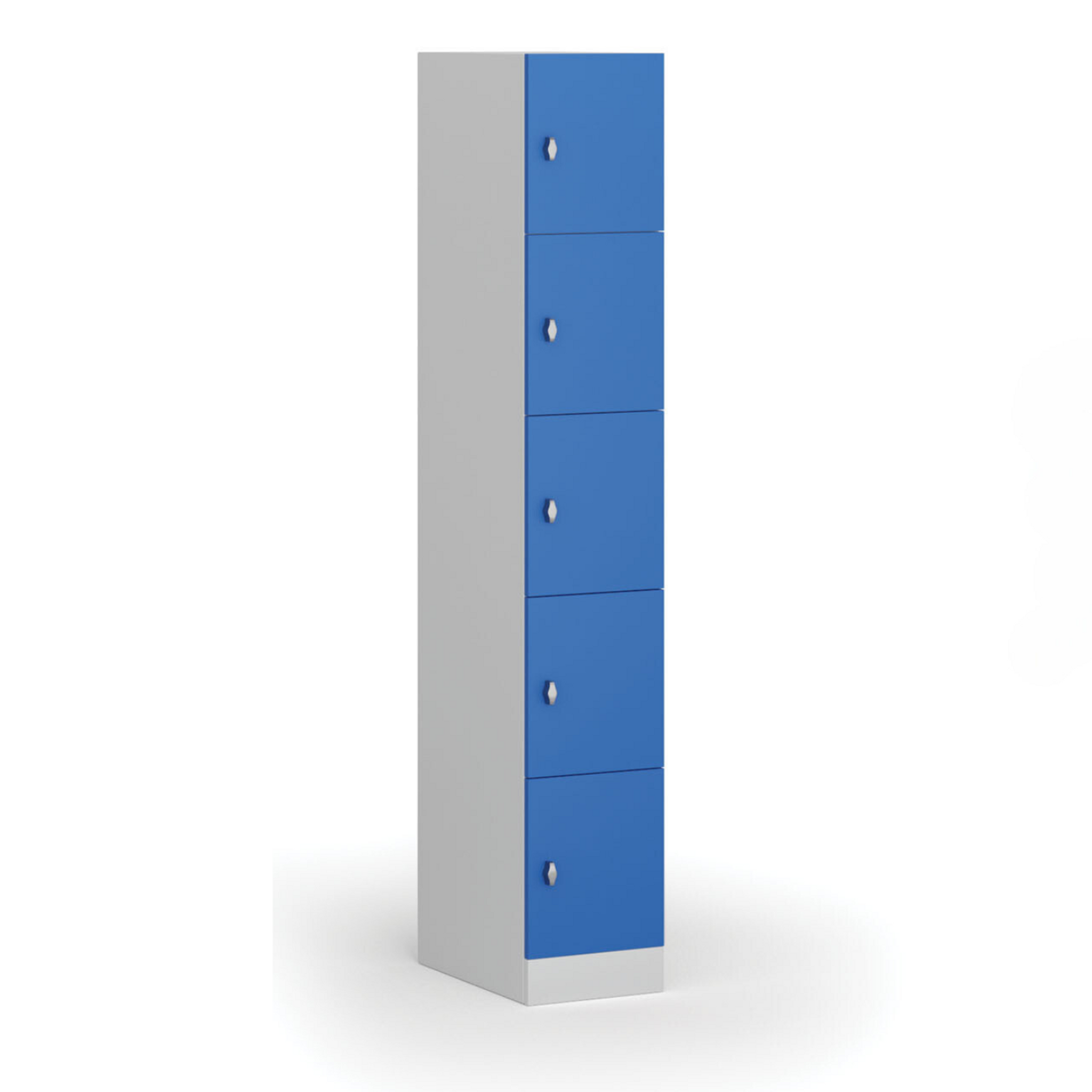 Šatní skříňka S1 s úložnými boxy, 5 boxů, 1850 x 300 x 500 mm, demont, otočný zámek, modré dveře