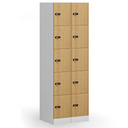 Šatní skříňka S1 s úložnými boxy, 5 boxů, 1850 x 300 x 500 mm, mechanický kódový zámek, laminované dveře, ořech