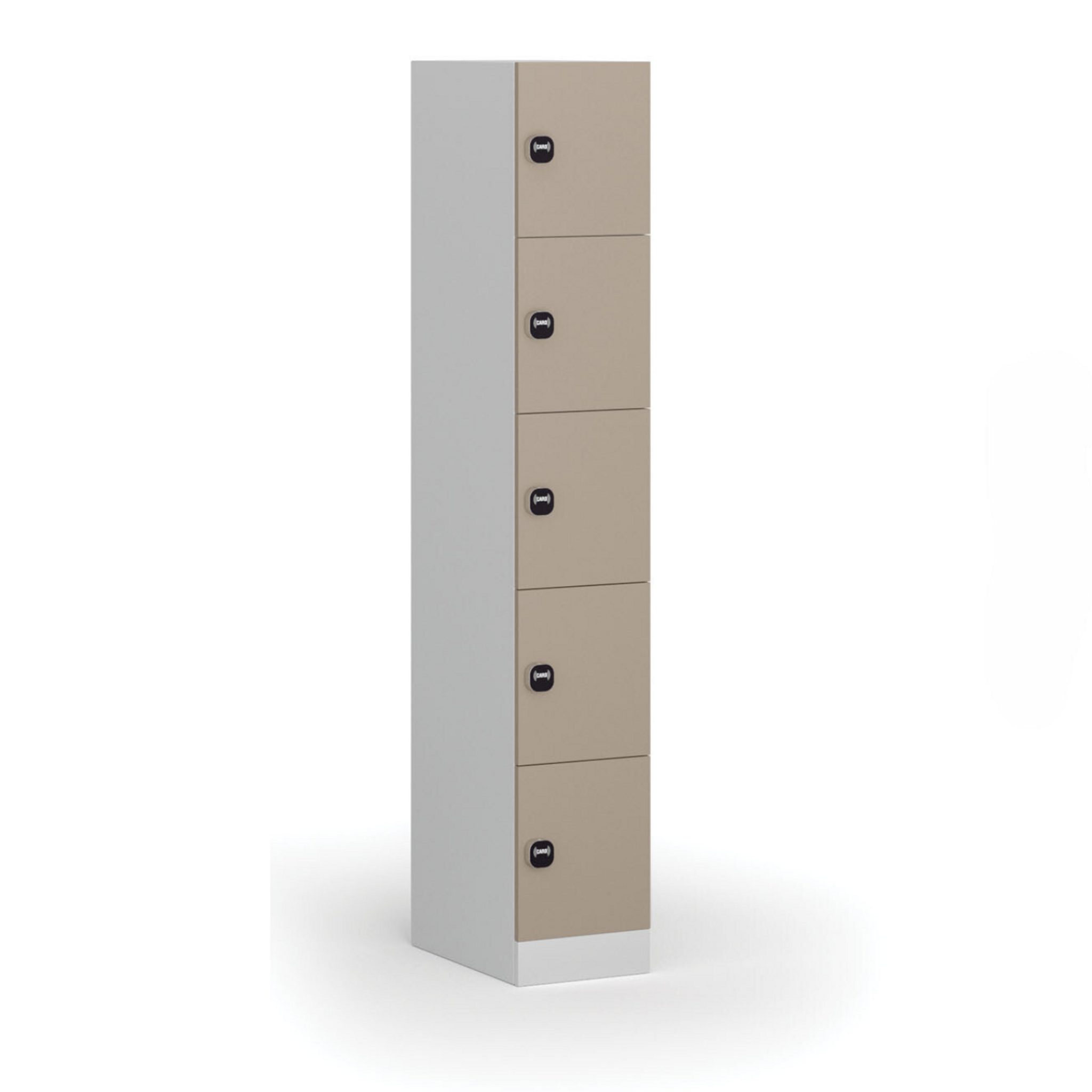 Šatní skříňka S1 s úložnými boxy, 5 boxů, 1850 x 300 x 500 mm, RFID zámek, béžové dveře