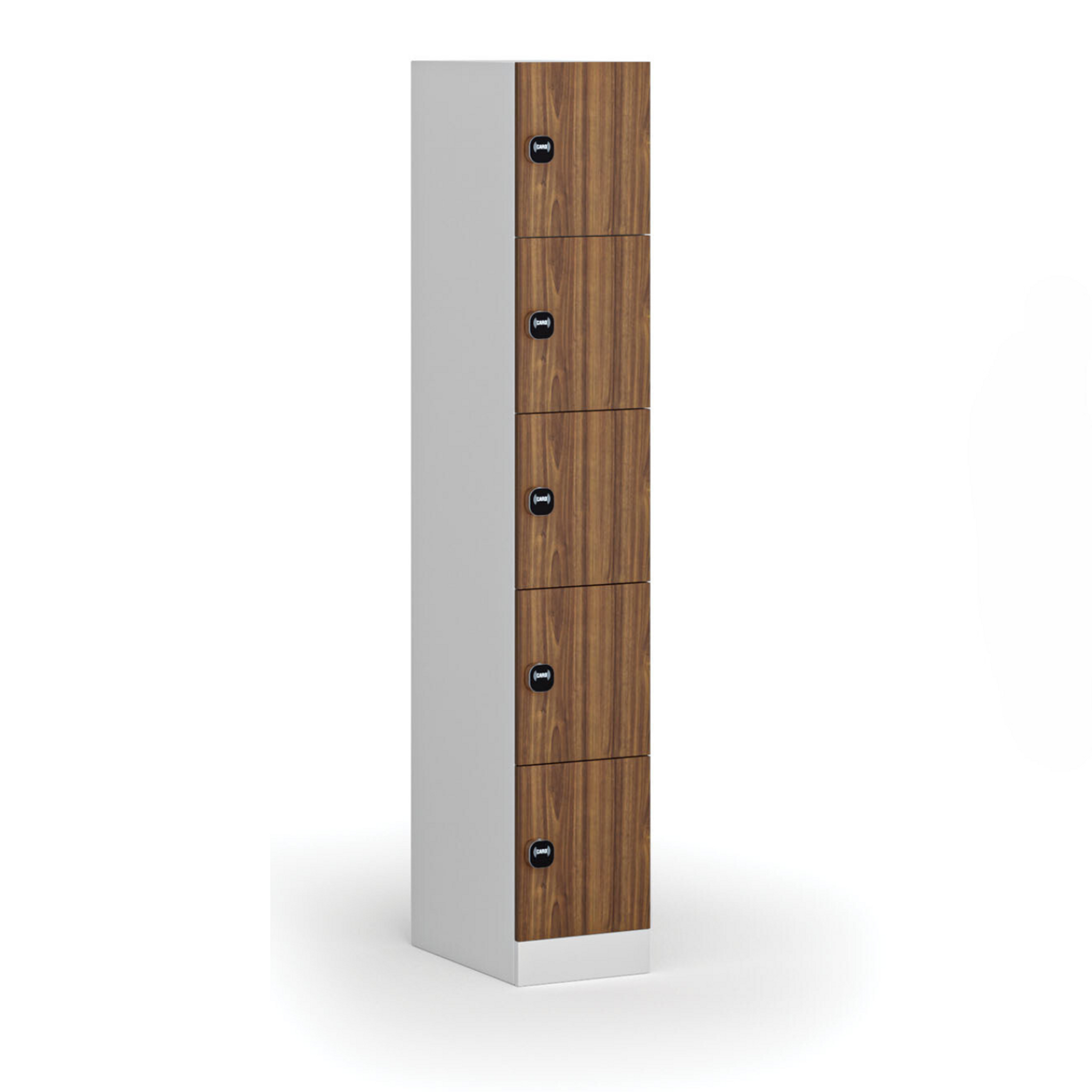 Šatní skříňka S1 s úložnými boxy, 5 boxů, 1850 x 300 x 500 mm, RFID zámek, laminované dveře, ořech