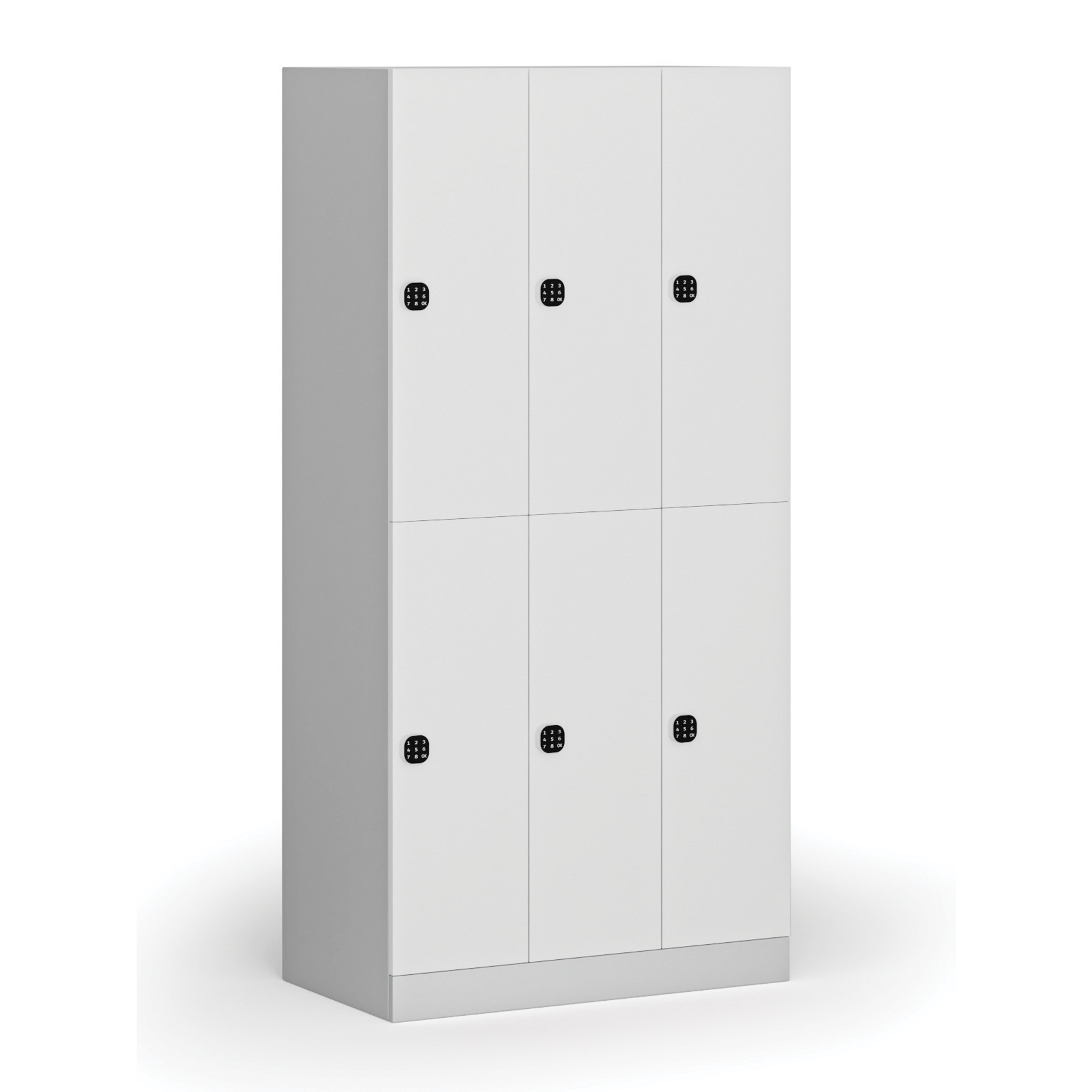 Šatní skříňka S1 s úložnými boxy, 6 boxů, 1850 x 900 x 500 mm, demont, kódový zámek, laminované dveře, bílá