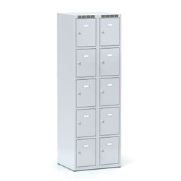 Šatní skříňka S6 s úložnými boxy, 10 boxů, 1800 x 600 x 500 mm, cylindrický zámek, šedé dveře