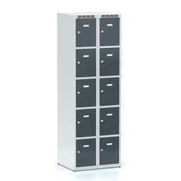 Šatní skříňka S6 s úložnými boxy, 10 boxů, 1800 x 600 x 500 mm, cylindrický zámek, tmavě šedé dveře