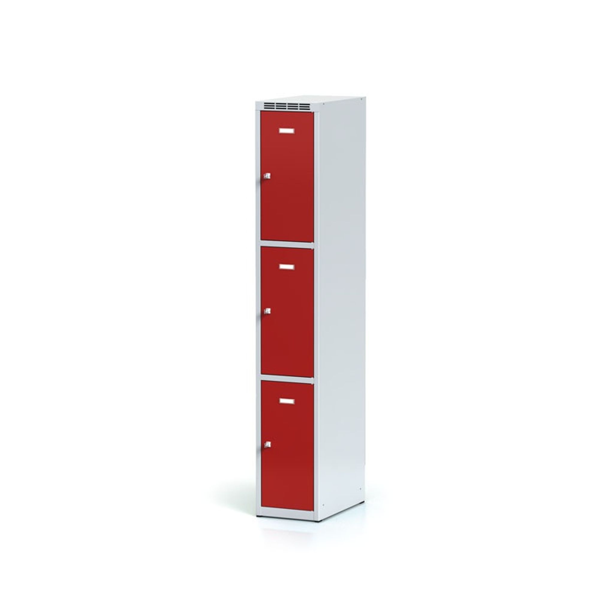 Šatní skříňka S6 s úložnými boxy, 3 boxy, 1800 x 300 x 500 mm, otočný zámek, červené dveře