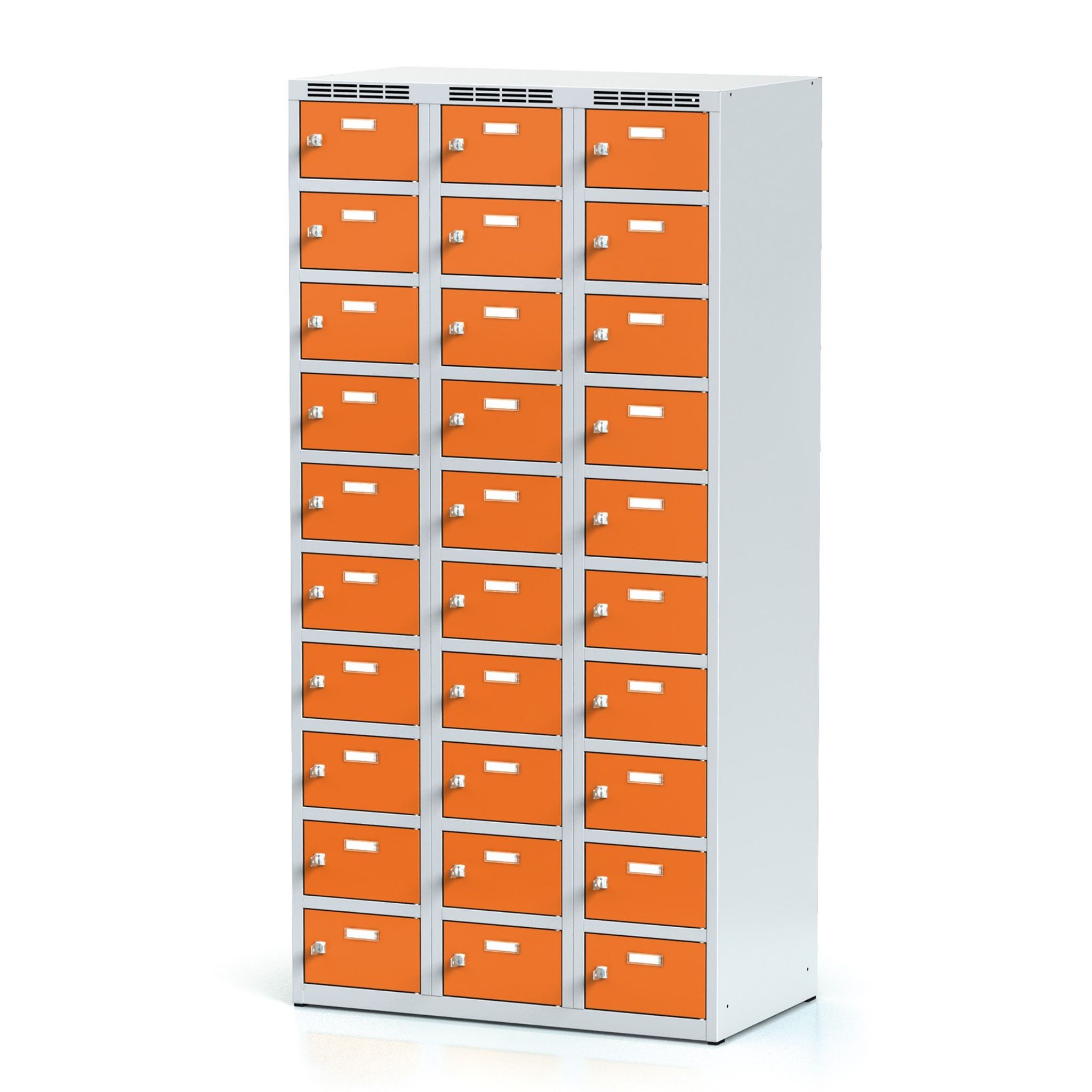 Šatní skříňka S6 s úložnými boxy, 30 boxů, 1800 x 900 x 500 mm, cylindrický zámek, oranžové dveře