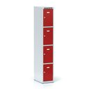 Šatní skříňka S6 s úložnými boxy, 4 boxy, 1800 x 300 x 500 mm, cylindrický zámek, červené dveře