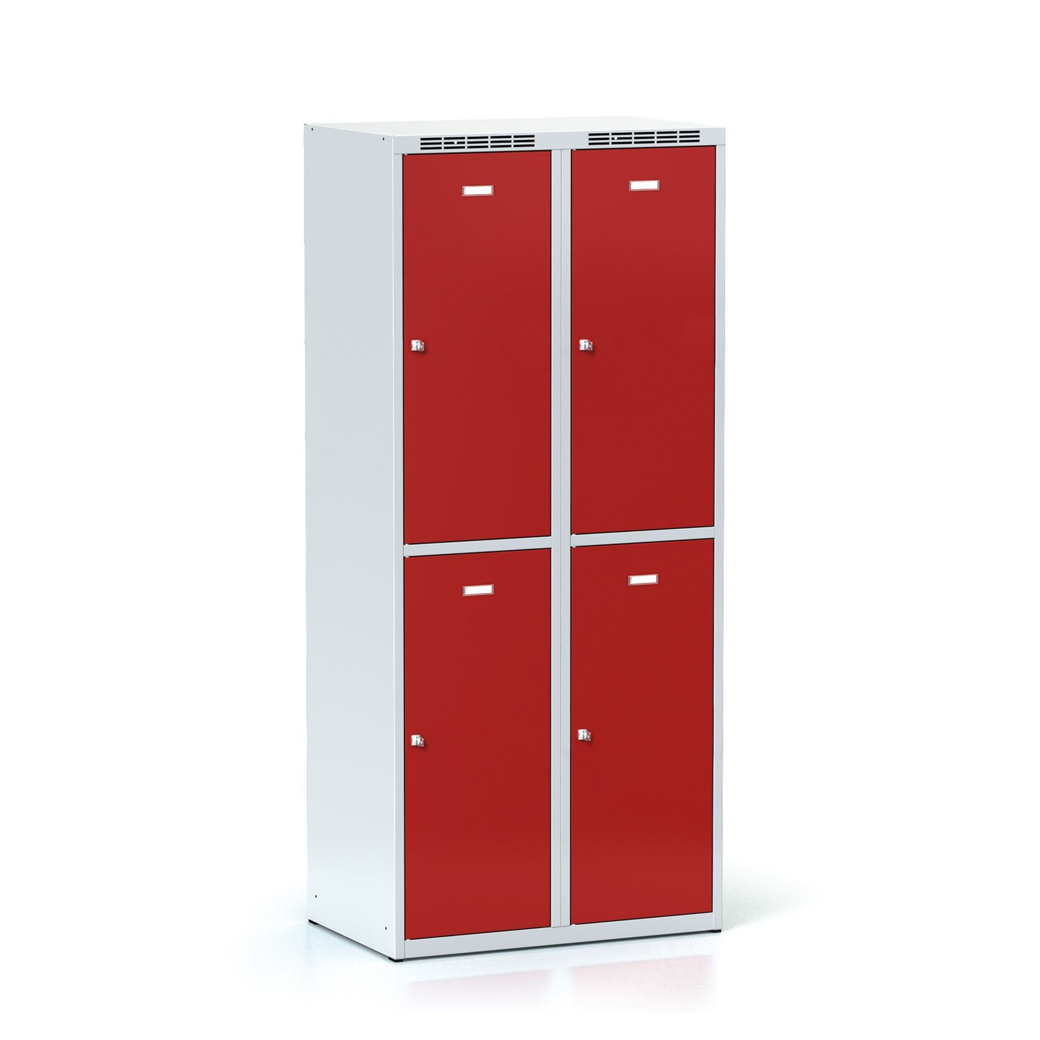Šatní skříňka S6 s úložnými boxy, 4 boxy, 1800 x 800 x 500 mm, otočný zámek, červené dveře