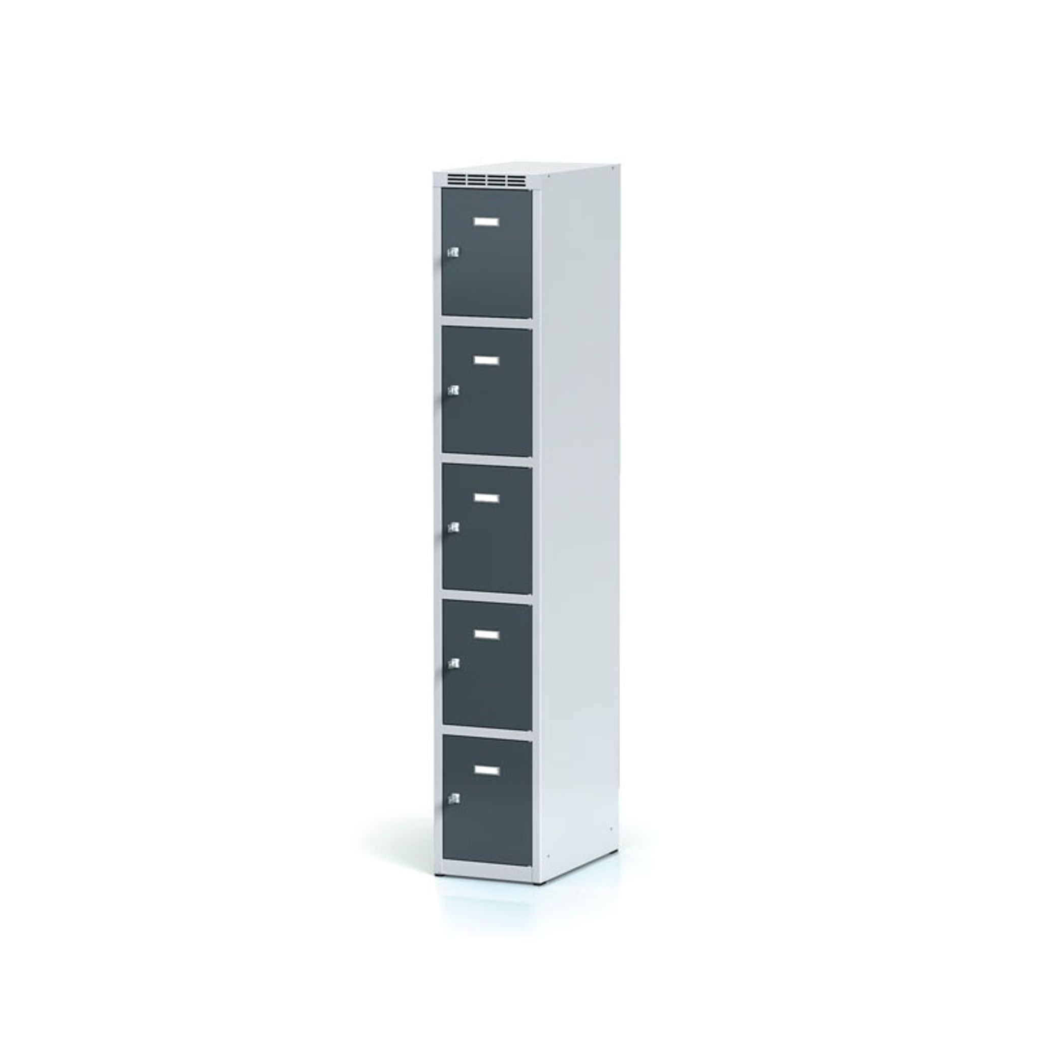 Šatní skříňka S6 s úložnými boxy, 5 boxů, 1800 x 300 x 500 mm, cylindrický zámek, tmavě šedé dveře