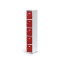 Šatní skříňka S6 s úložnými boxy, 5 boxů, 1800 x 300 x 500 mm, otočný zámek, červené dveře