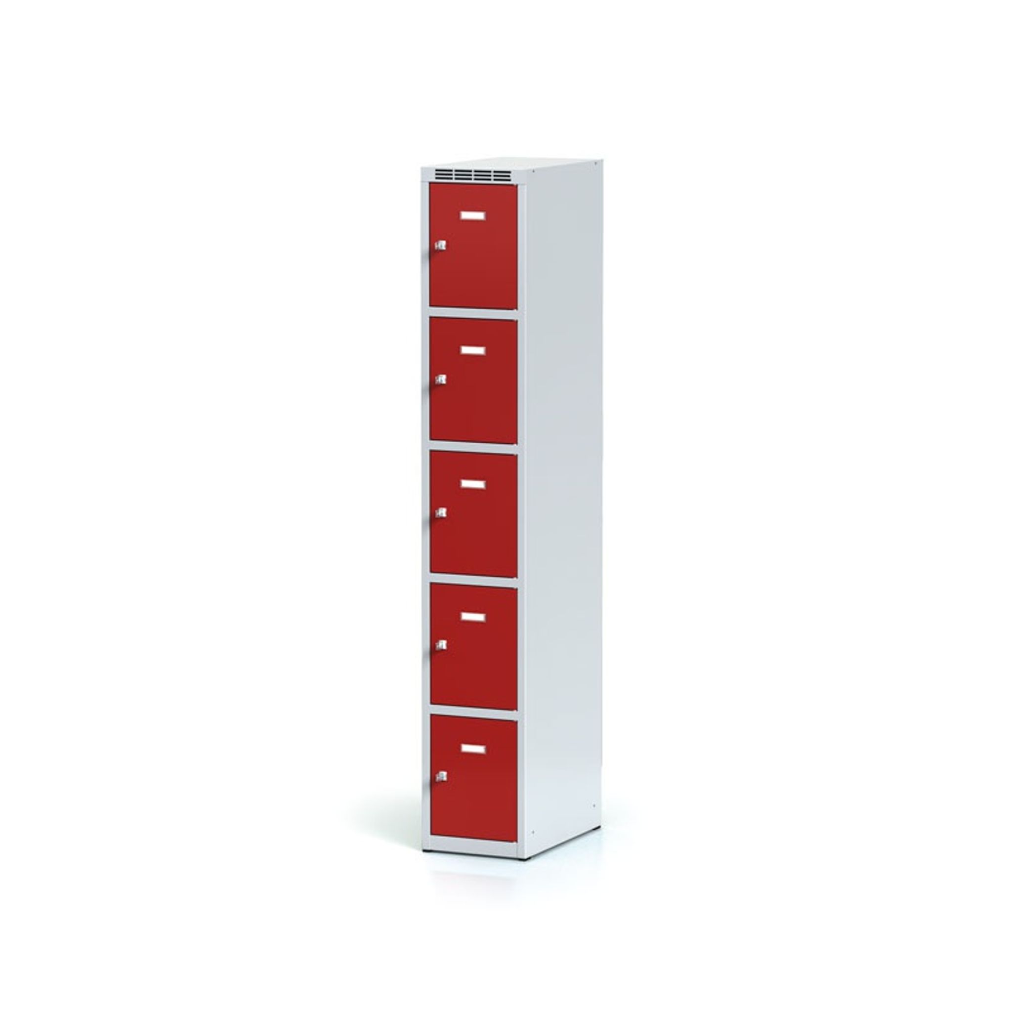 Šatní skříňka S6 s úložnými boxy, 5 boxů, 1800 x 300 x 500 mm, otočný zámek, červené dveře