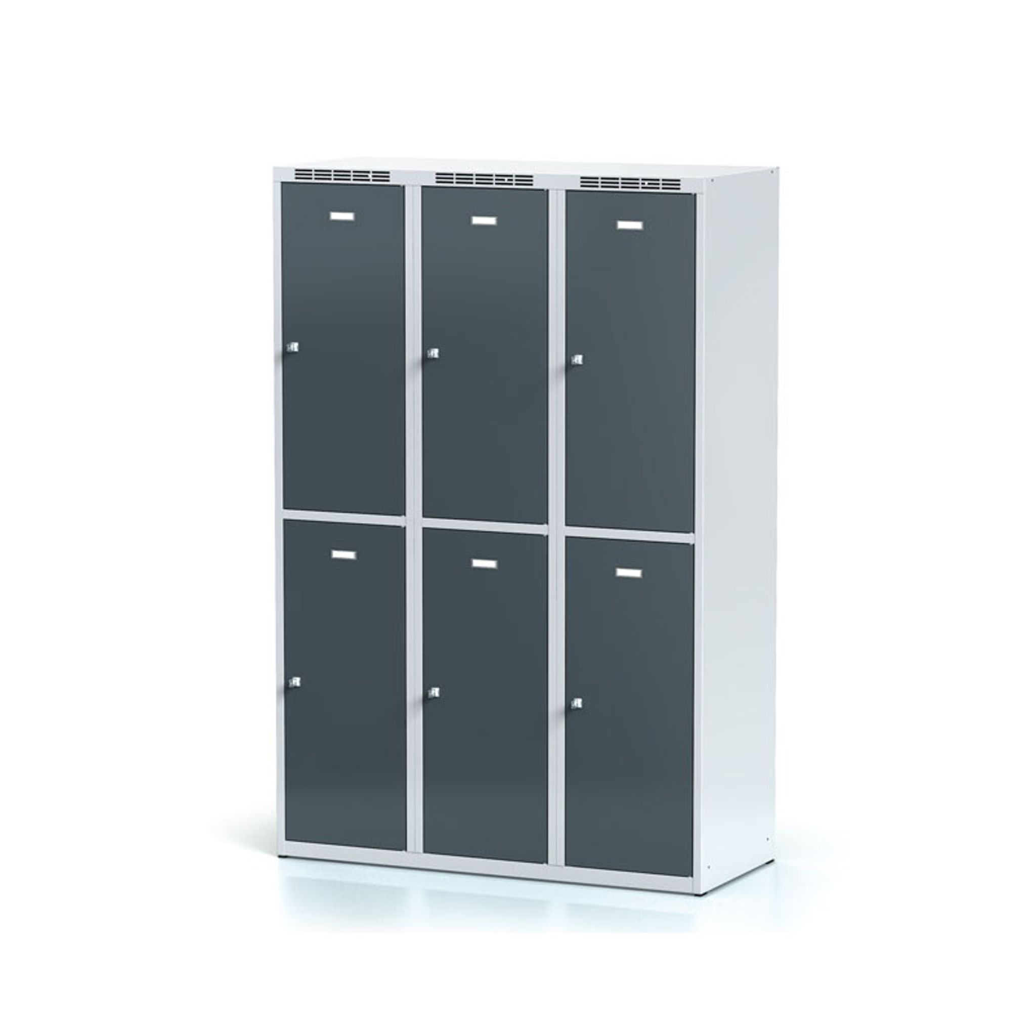 Šatní skříňka S6 s úložnými boxy, 6 boxů, 1800 x 1200 x 500 mm, cylindrický zámek, tmavě šedé dveře