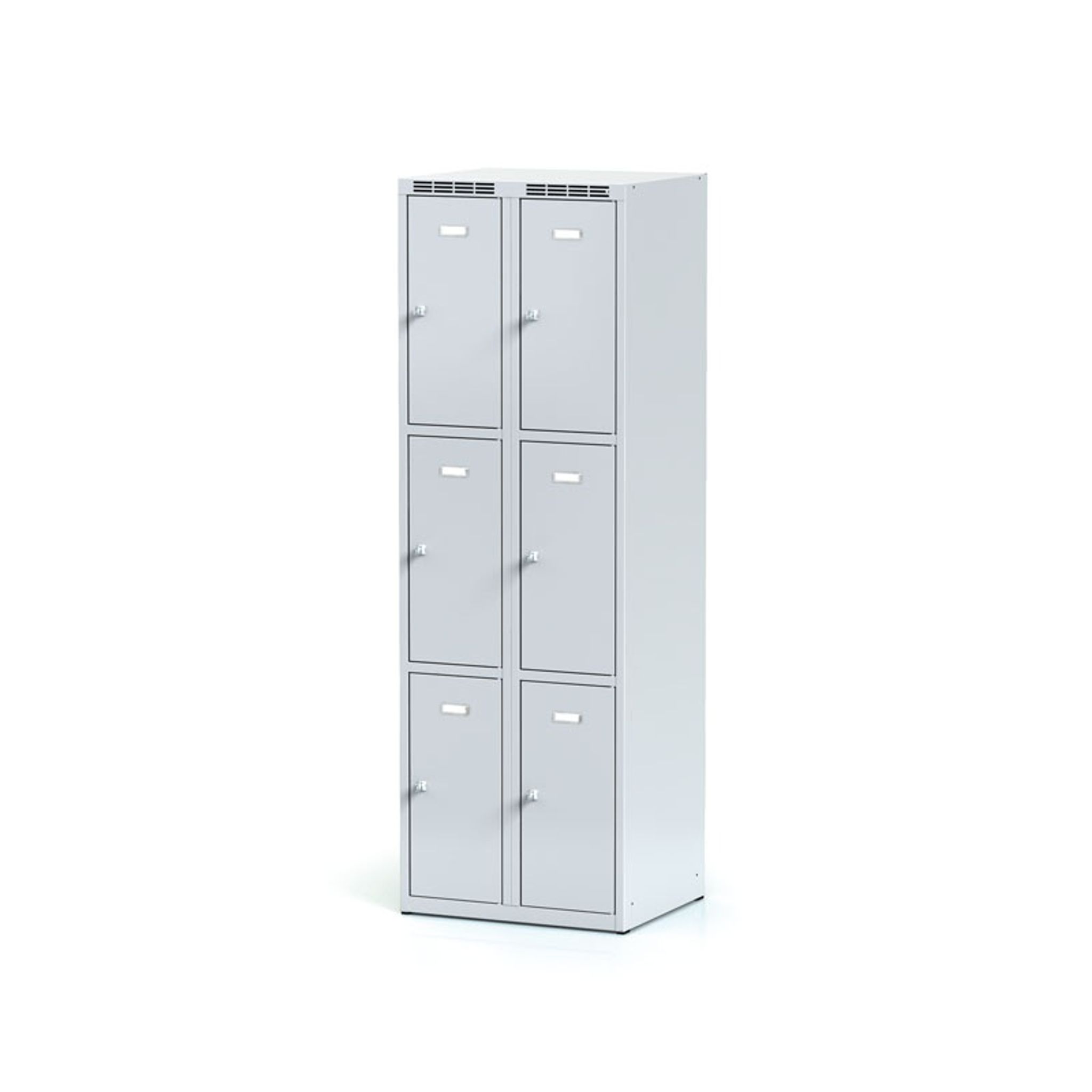 Šatní skříňka S6 s úložnými boxy, 6 boxů, 1800 x 600 x 500 mm, cylindrický zámek, šedé dveře