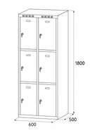 Šatní skříňka S6 s úložnými boxy, 6 boxů, 1800 x 600 x 500 mm, otočný zámek, šedé dveře