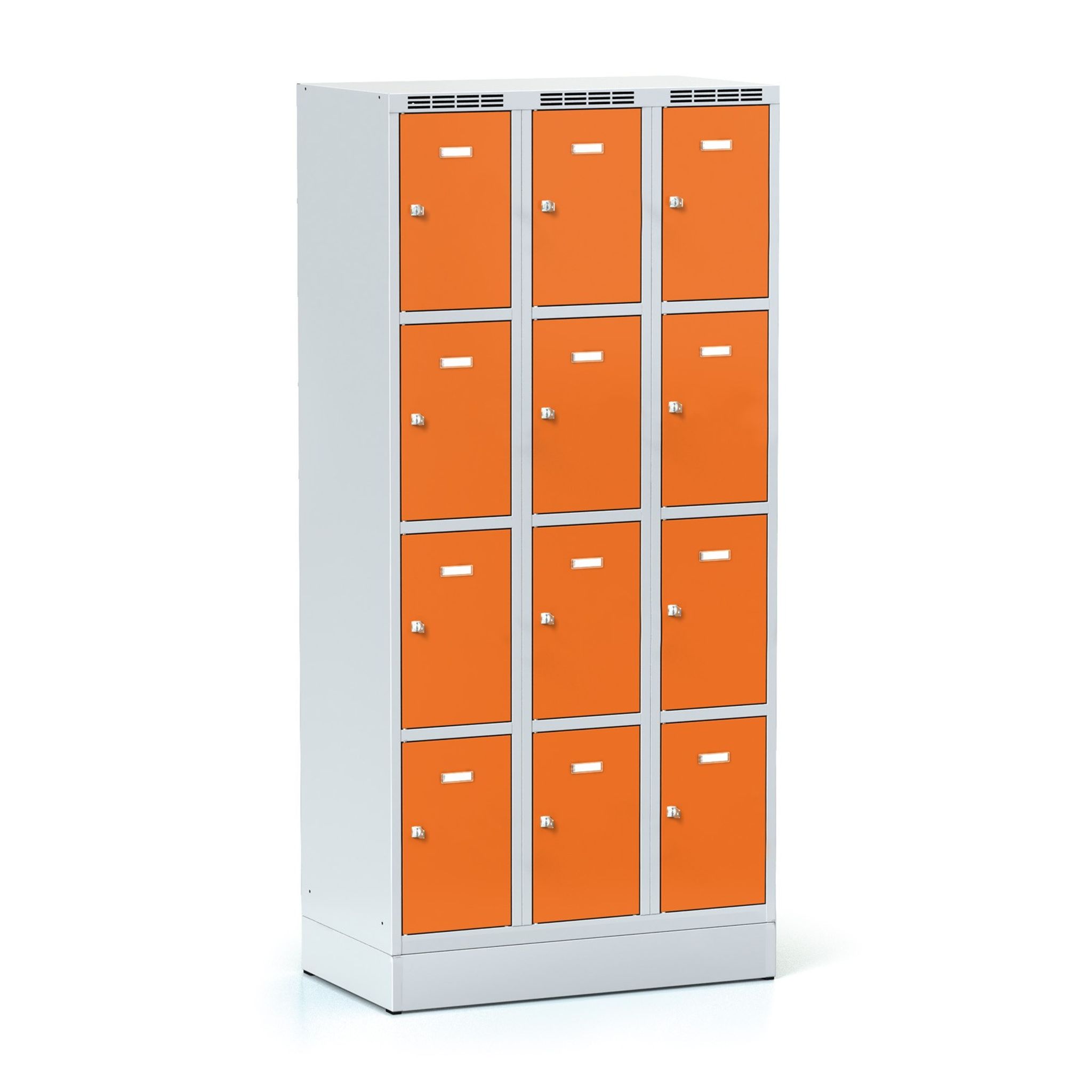 Šatní skříňka S6 s úložnými boxy na soklu, 12 boxů, 1920 x 900 x 500 mm, cylindrický zámek, oranžové dveře
