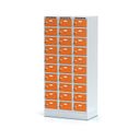 Šatní skříňka S6 s úložnými boxy na soklu, 30 boxů, 1920 x 900 x 500 mm, cylindrický zámek, oranžové dveře