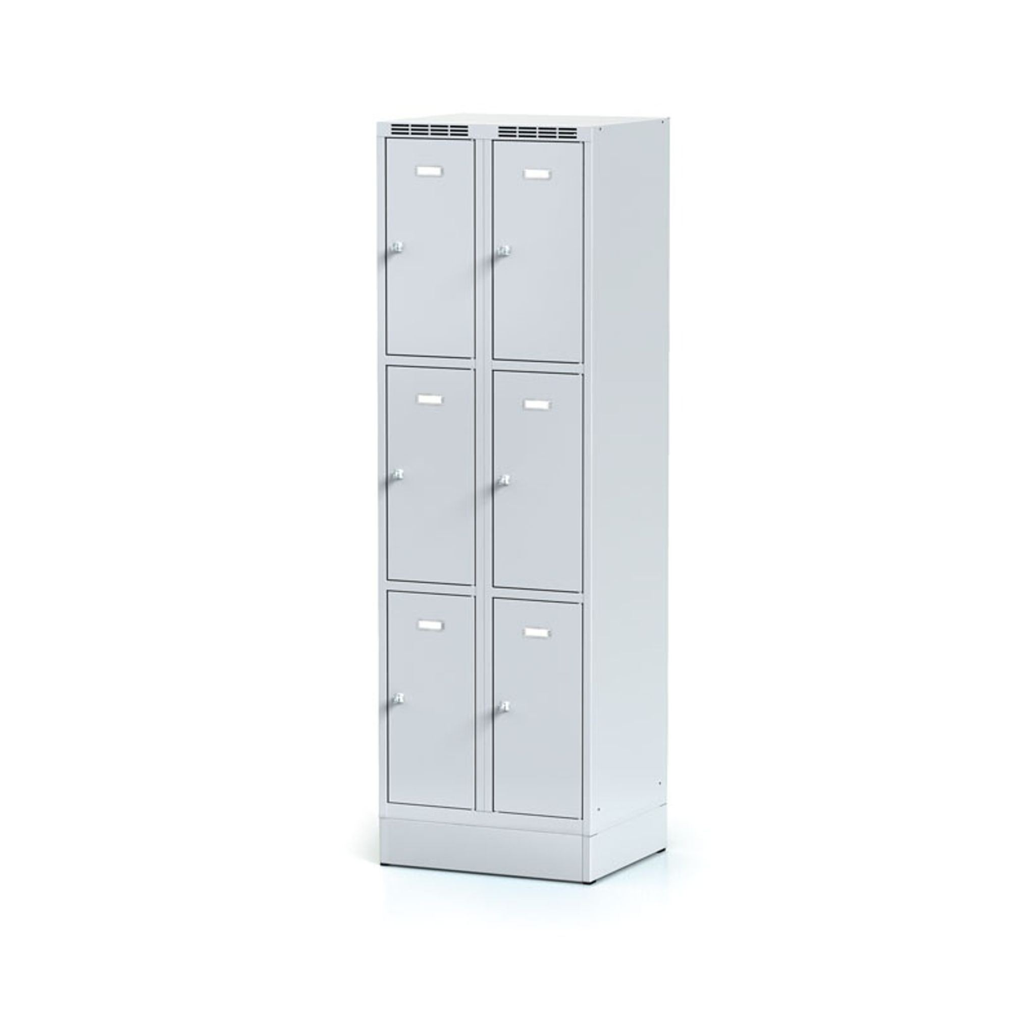 Šatní skříňka S6 s úložnými boxy na soklu, 6 boxů, 1920 x 600 x 500 mm, cylindrický zámek, šedé dveře