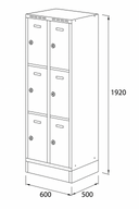Šatní skříňka S6 s úložnými boxy na soklu, 6 boxů, 1920 x 600 x 500 mm, cylindrický zámek, šedé dveře