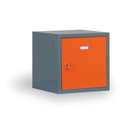 Šatní skříňka S6 s uzamykatelným boxem 300 x 300 x 300 mm, cylindrický zámek, tmavě šedá, oranžové dveře