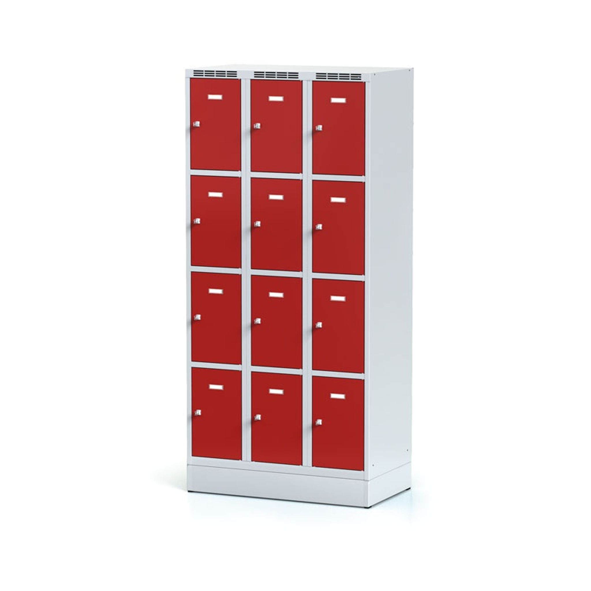 Šatníková skrinka na sokli s úložnými boxami, 12 boxov, 1920 x 900 x 500 mm, cylindrický zámok, červené dvere