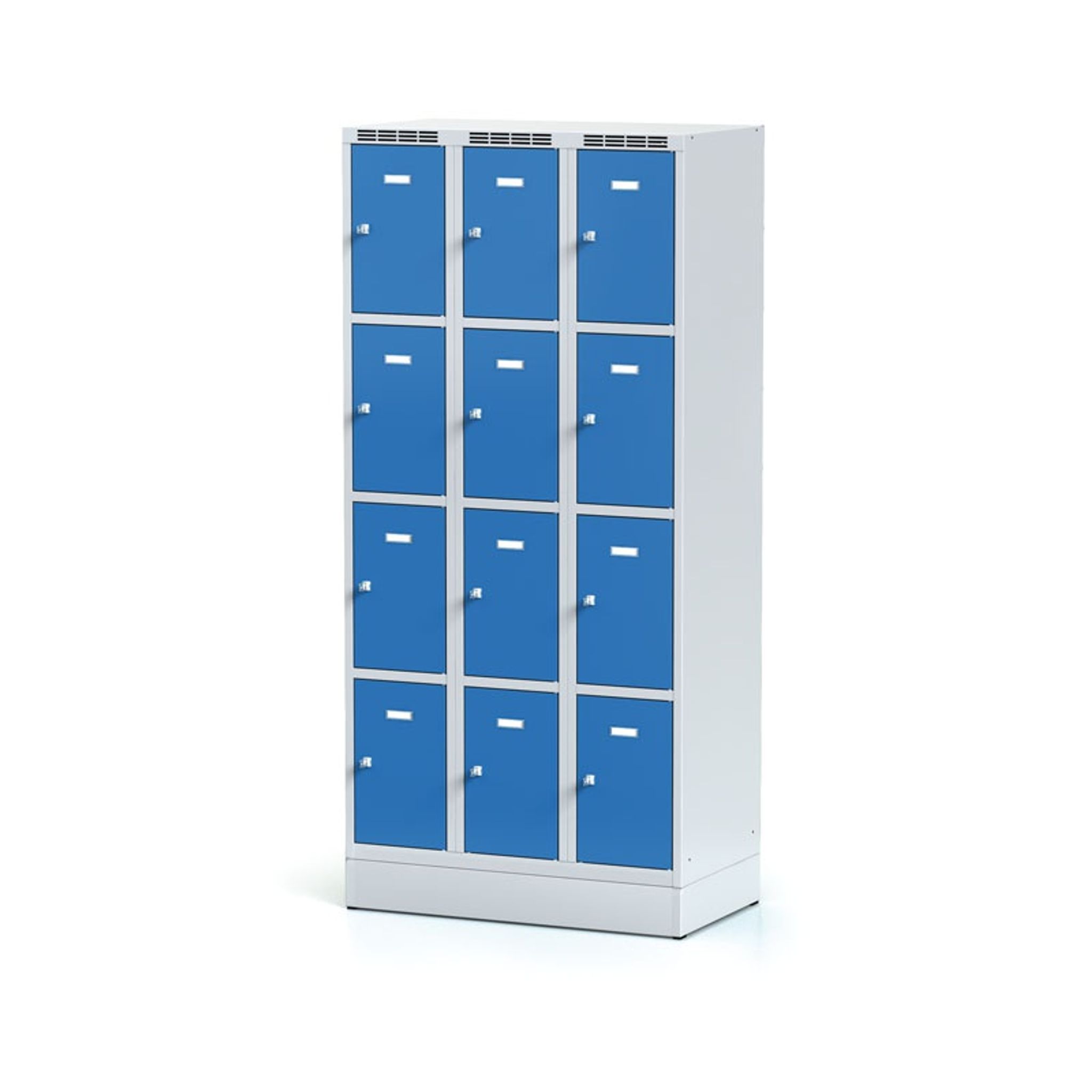 Šatníková skrinka na sokli s úložnými boxami, 12 boxov, 1920 x 900 x 500 mm, cylindrický zámok, modré dvere