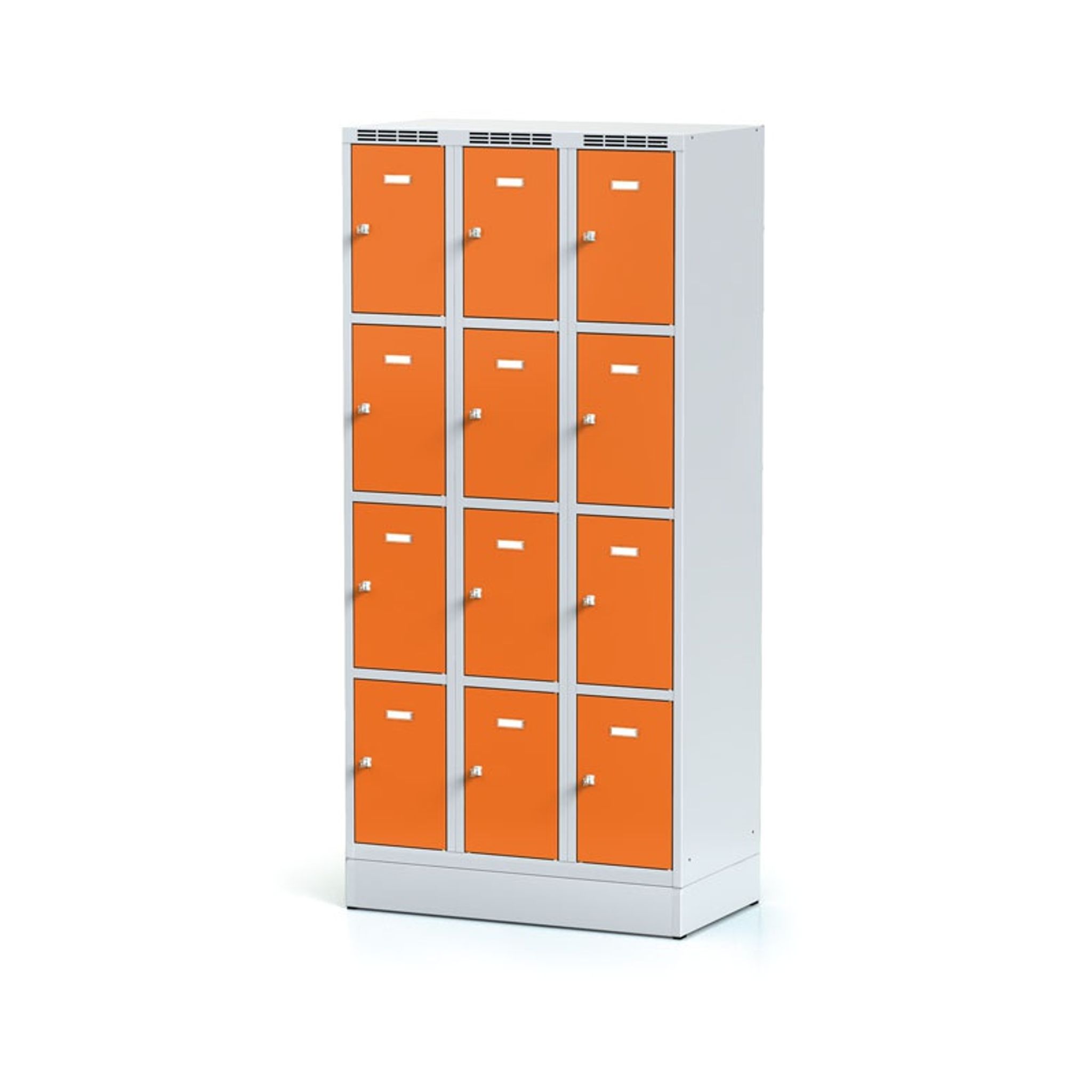 Šatníková skrinka na sokli s úložnými boxami, 12 boxov, 1920 x 900 x 500 mm, cylindrický zámok, oranžové dvere