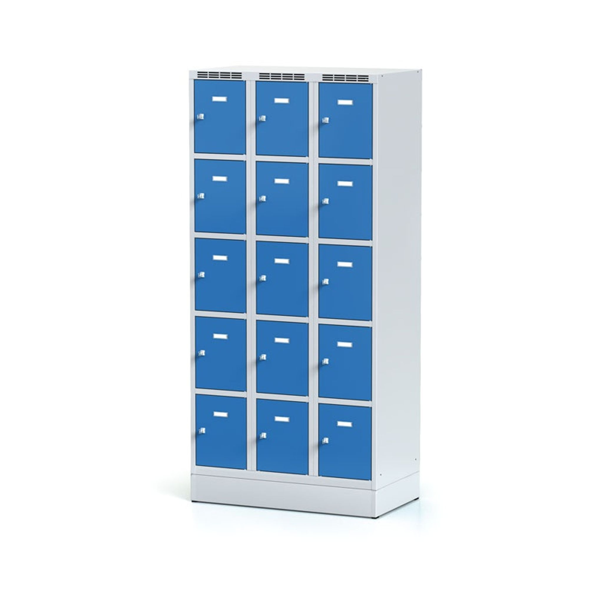 Šatníková skrinka na sokli s úložnými boxami, 15 boxov, 1920 x 900 x 500 mm, otočný zámok, modré dvere