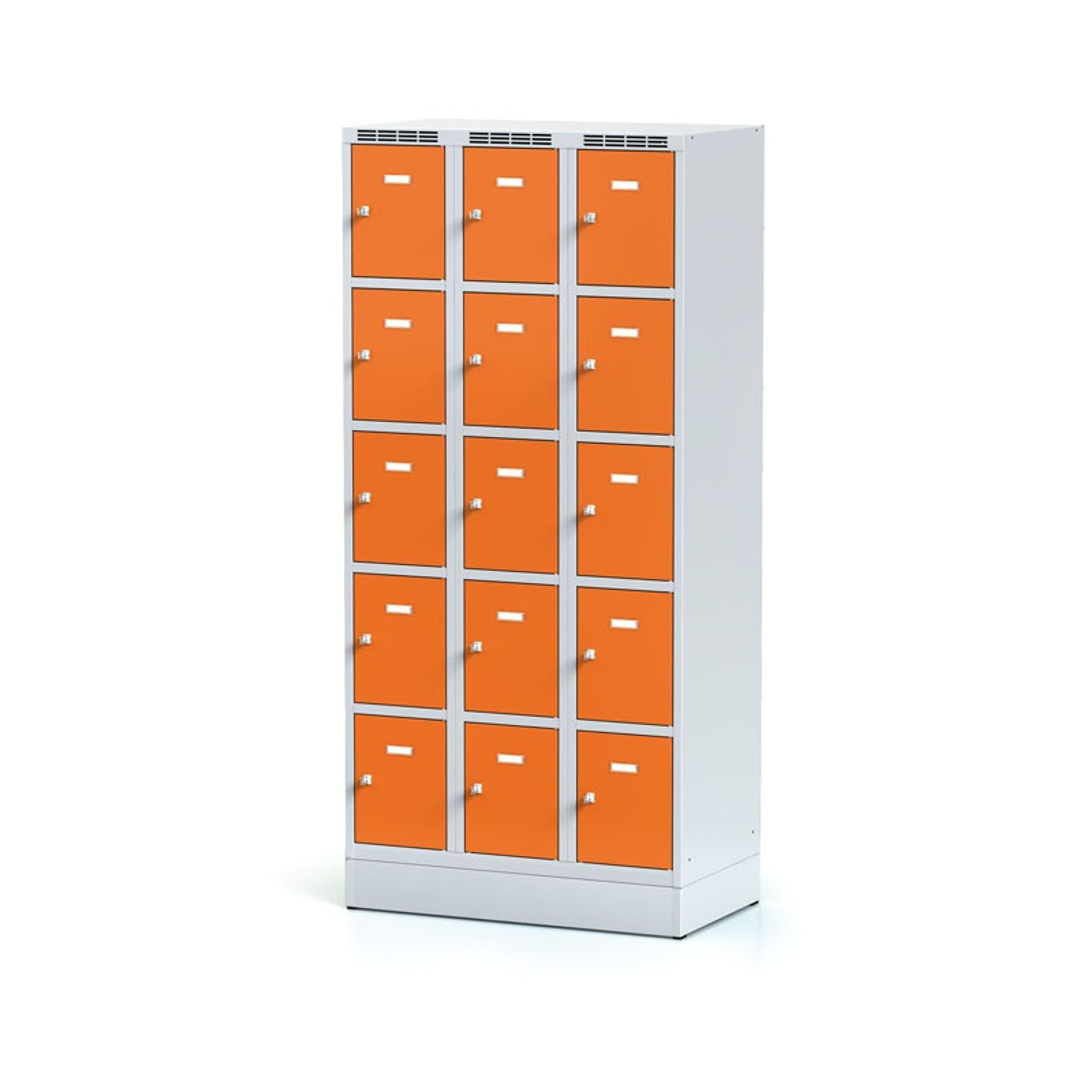 Šatníková skrinka na sokli s úložnými boxami, 15 boxov, 1920 x 900 x 500 mm, otočný zámok, oranžové dvere