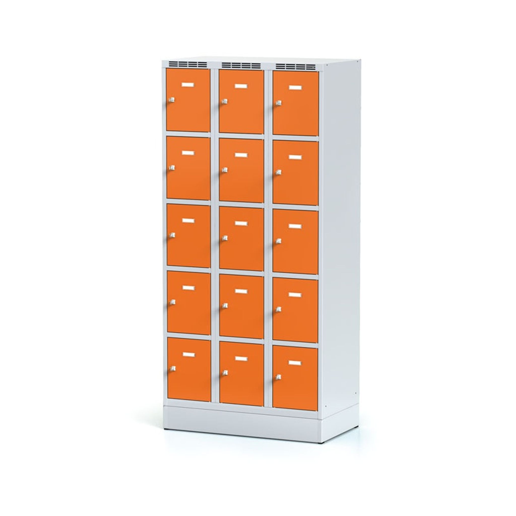 Šatníková skrinka na sokli s úložnými boxami, 15 boxov, oranžové dvere, cylindrický zámok