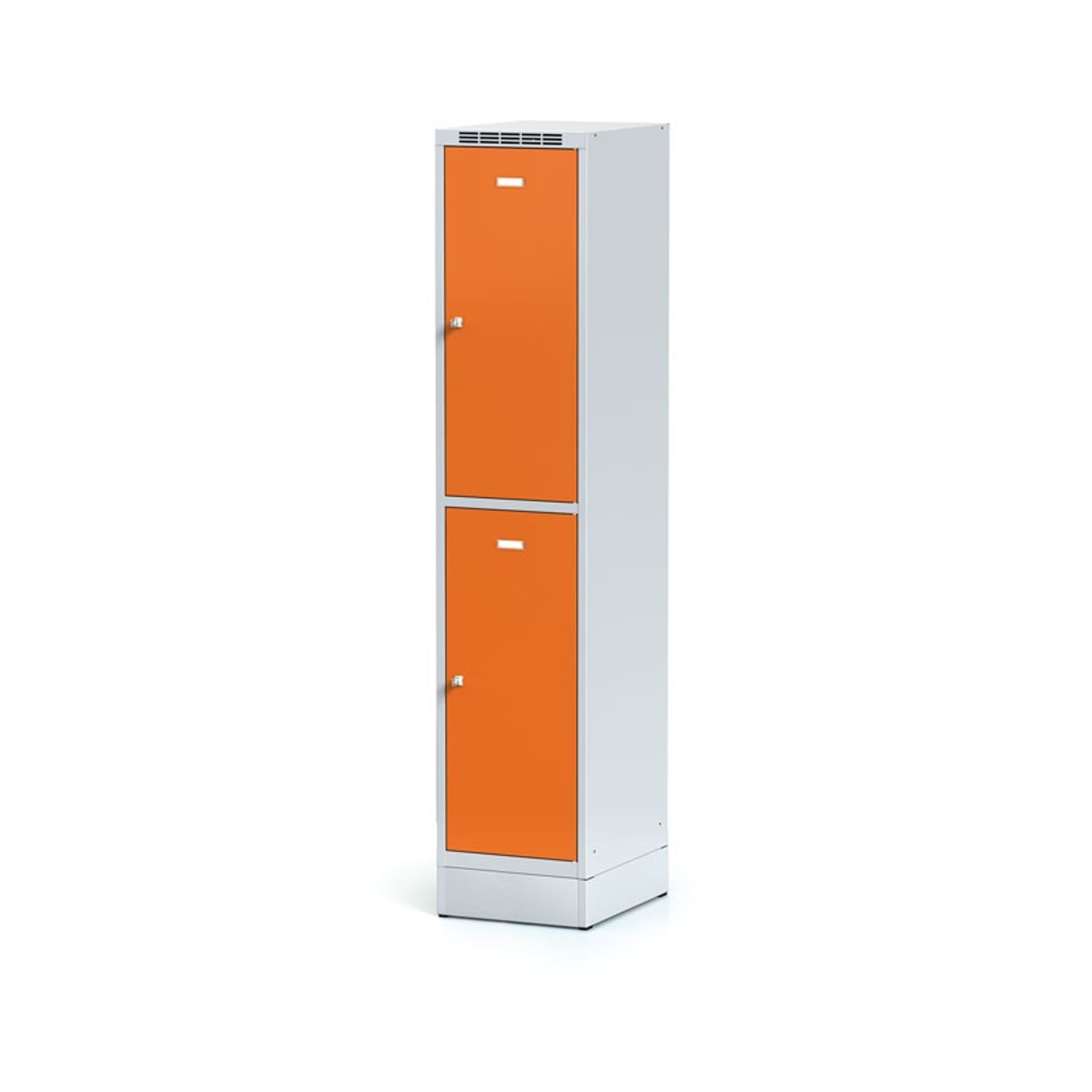 Šatníková skrinka na sokli s úložnými boxami, 2 boxy, 1920 x 400 x 500 mm, cylindrický zámok, oranžové dvere