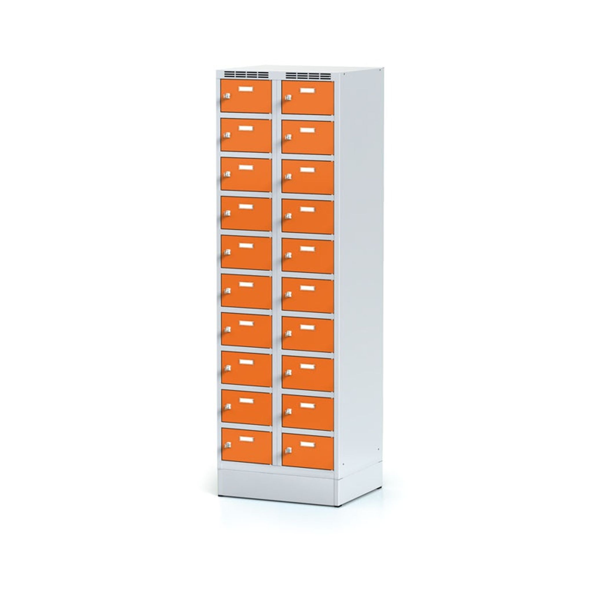 Šatníková skrinka na sokli s úložnými boxami, 20 boxov, 1920 x 600 x 500 mm, cylindrický zámok, oranžové dvere