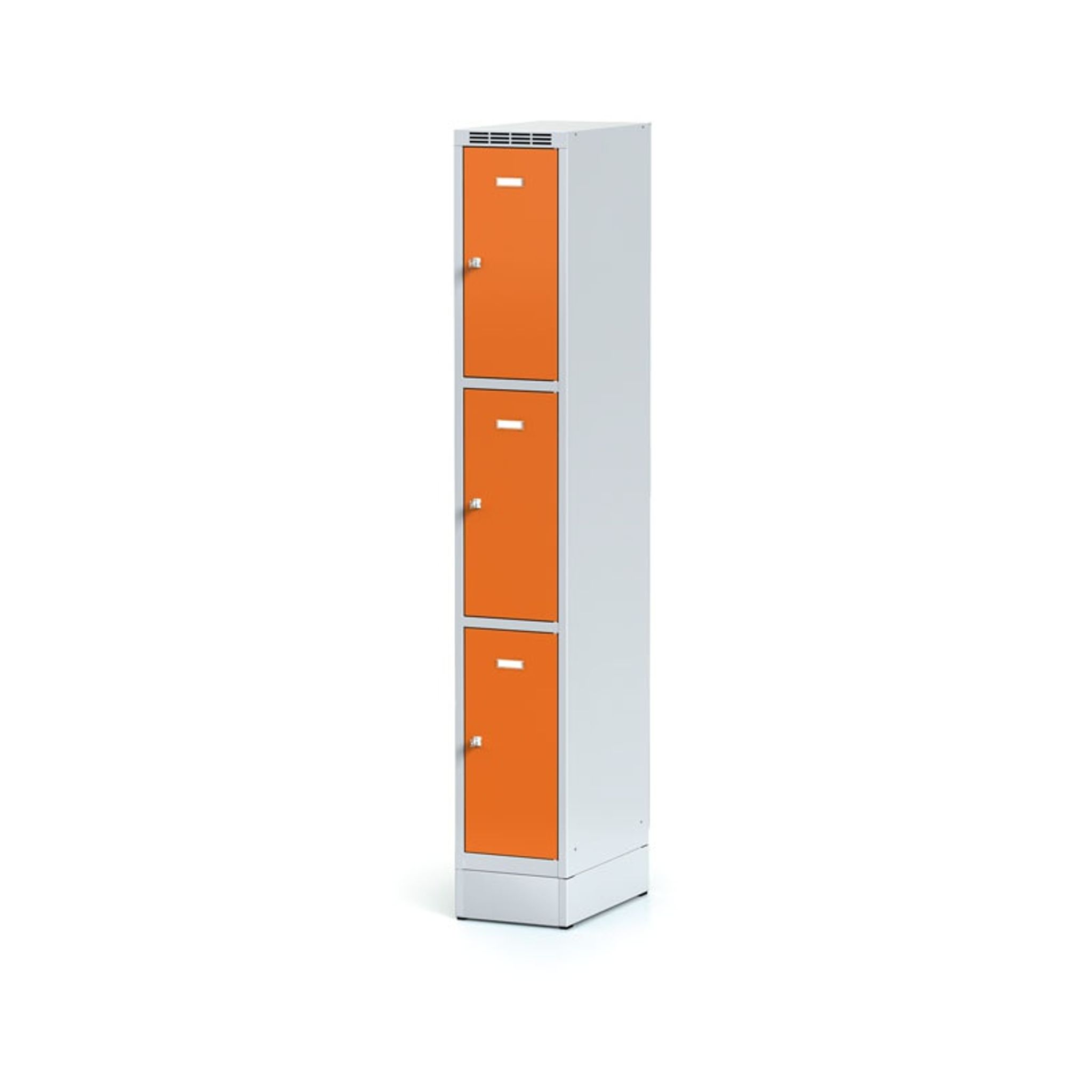 Šatníková skrinka na sokli s úložnými boxami, 3 boxy, 1920 x 300 x 500 mm, otočný zámok, oranžové dvere
