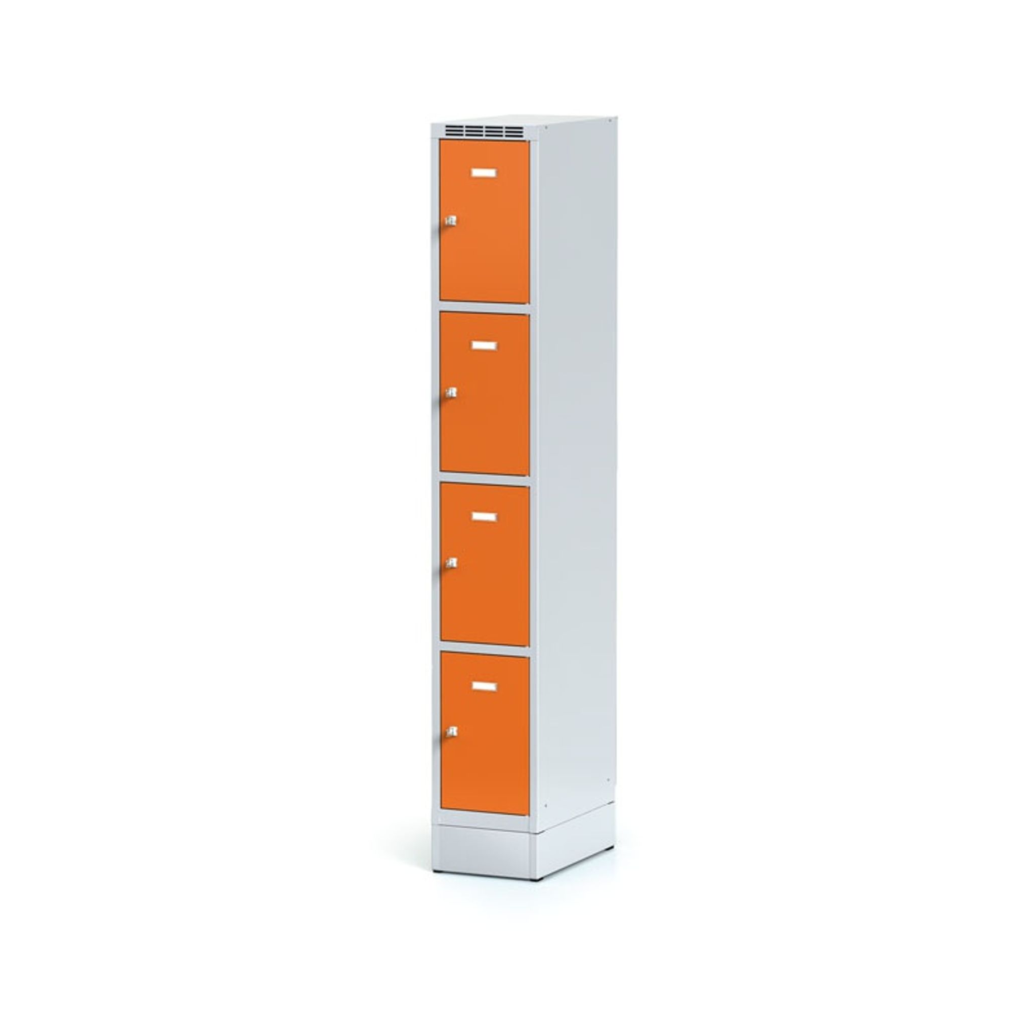 Šatníková skrinka na sokli s úložnými boxami, 4 boxy, 1920 x 300 x 500 mm, otočný zámok, oranžové dvere