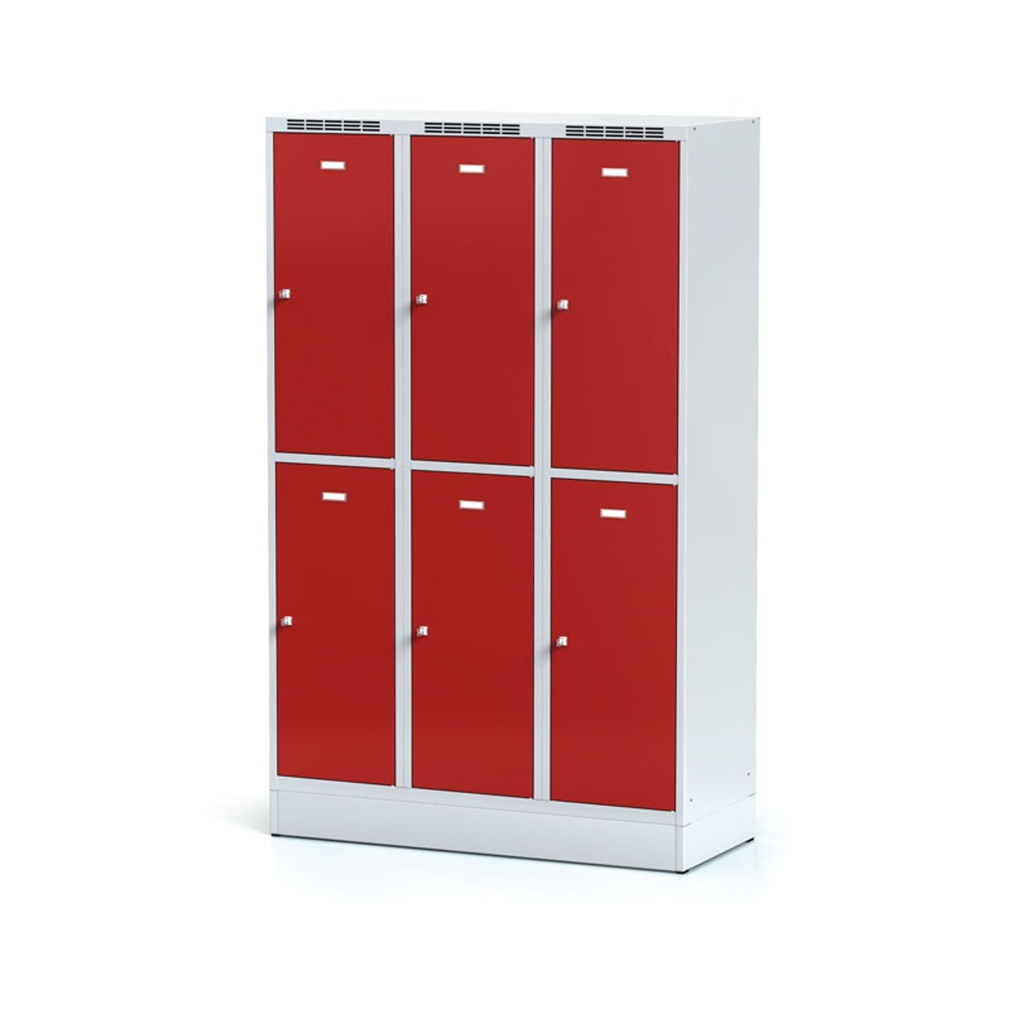 Šatníková skrinka na sokli s úložnými boxami, 6 boxov, 1920 x 1200 x 500 mm, otočný zámok, červené dvere