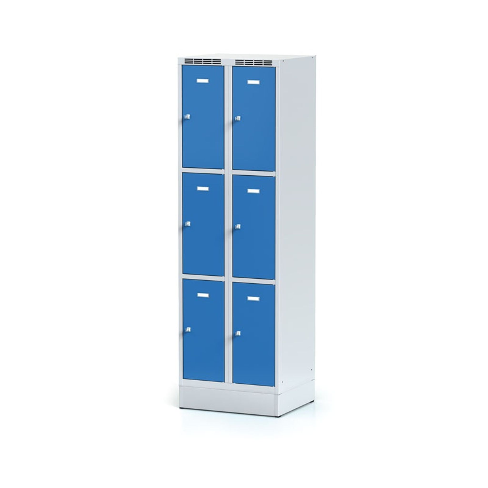 Šatníková skrinka na sokli s úložnými boxami, 6 boxov, 1920 x 600 x 500 mm, cylindrický zámok, modré dvere