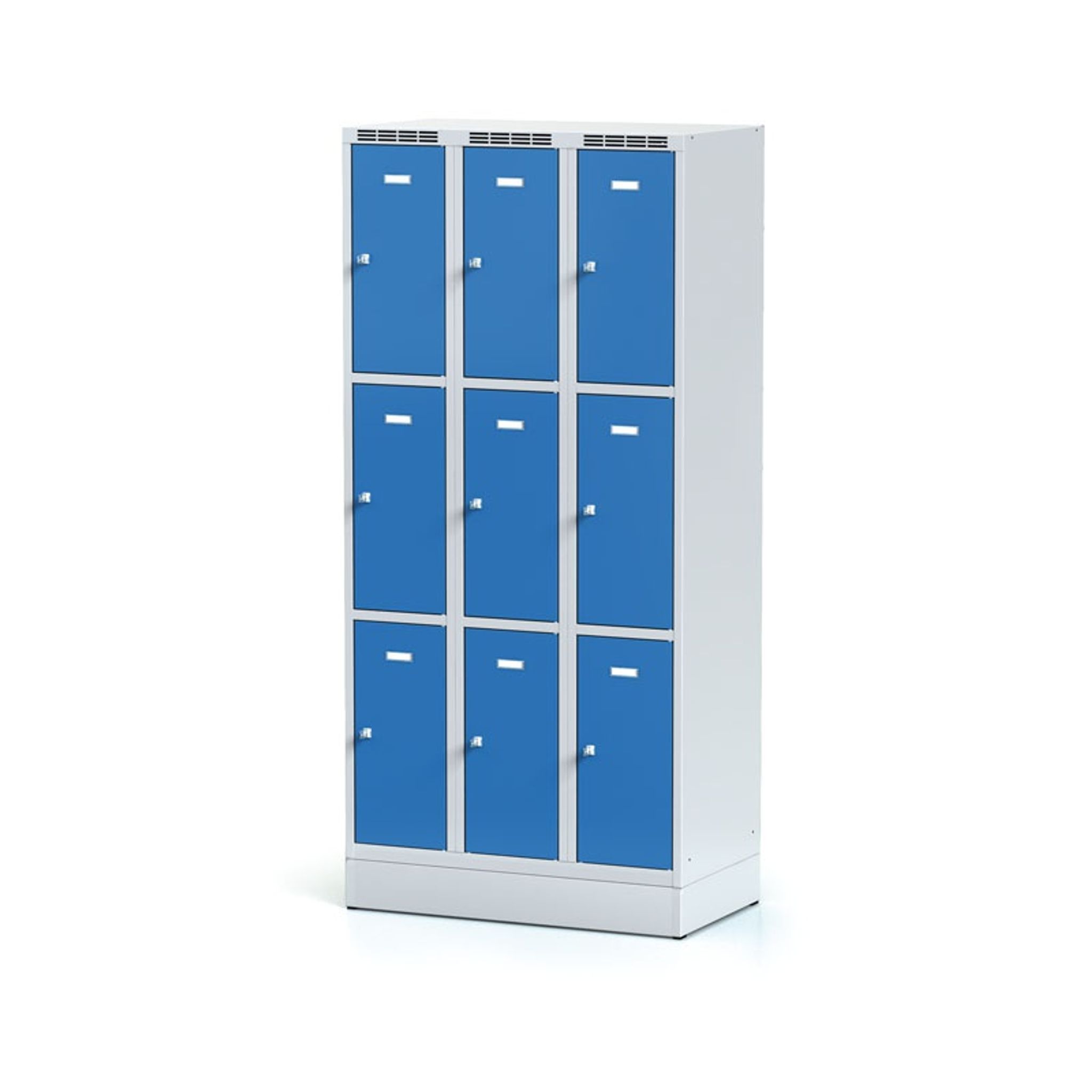 Šatníková skrinka na sokli s úložnými boxami, 9 boxov, 1920 x 900 x 500 mm, otočný zámok, modré dvere