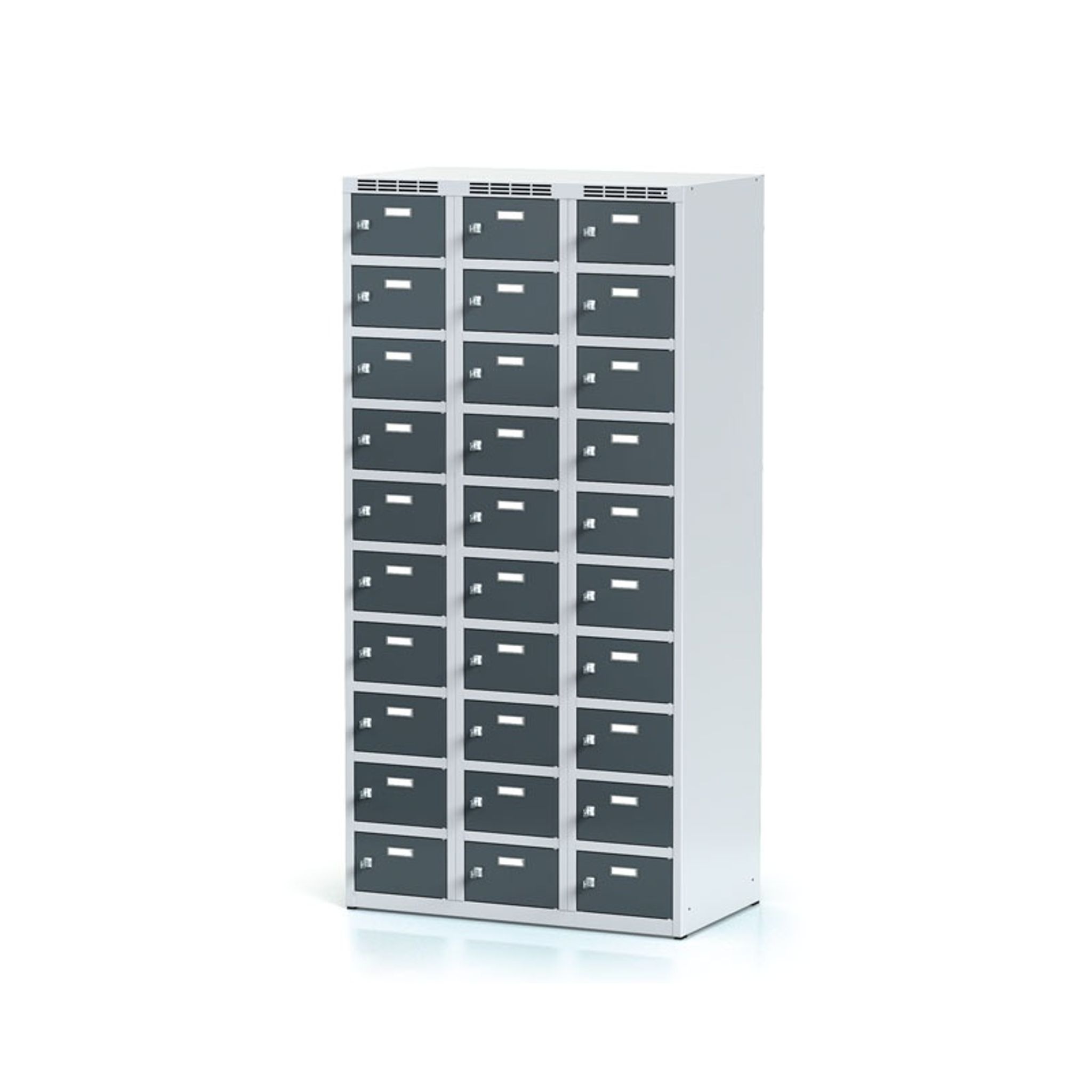 Šatníková skrinka s úložnými boxami, 30 boxov, 1800 x 900 x 500 mm, cylindrický zámok, tmavosivé dvere
