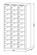 Šatníková skrinka s úložnými boxami, 30 boxov, 1800 x 900 x 500 mm, otočný zámok, sivé dvere