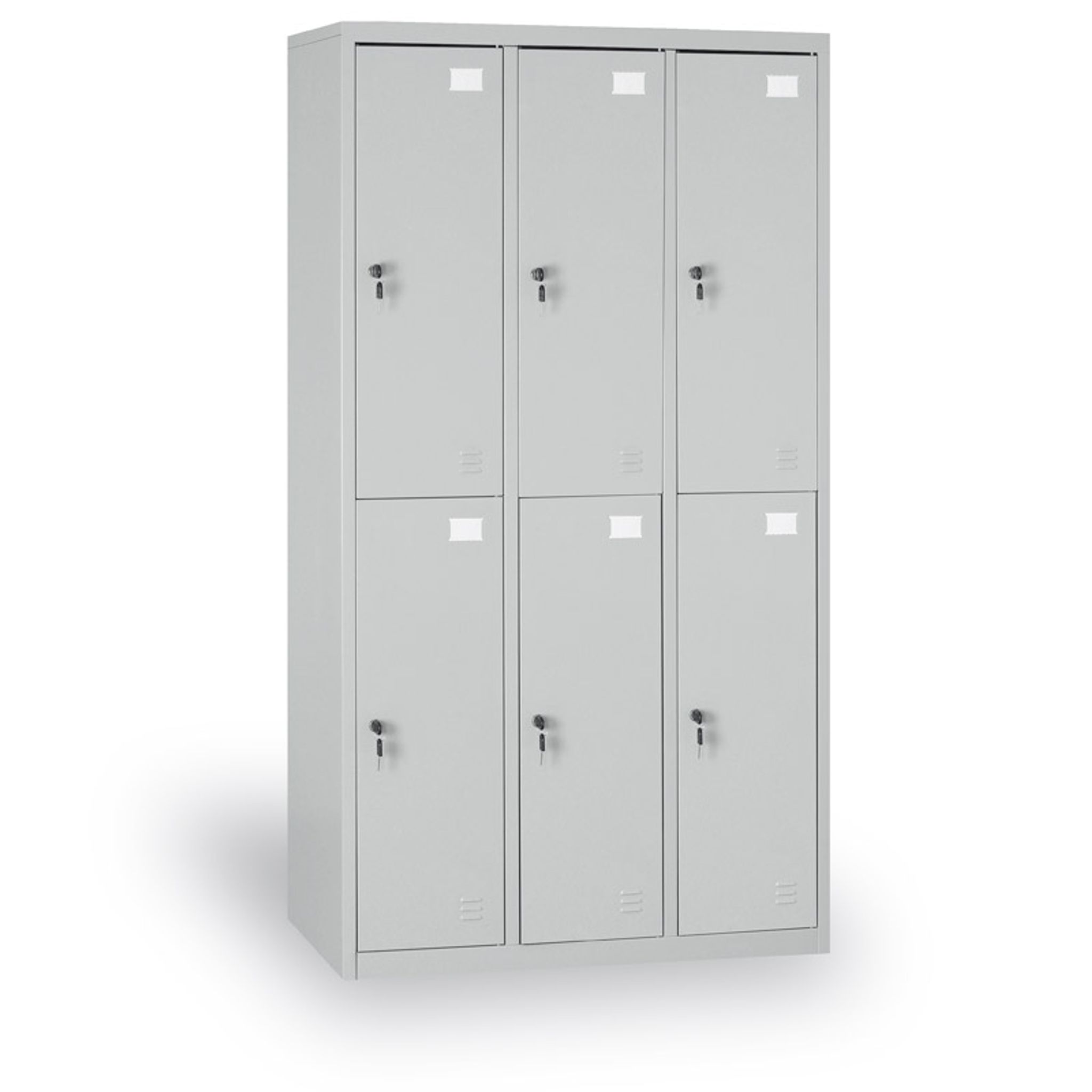 Šatníková skrinka s úložnými boxami, 6 boxov, 1820 x 900 x 500 mm, demont, cylindrický zámok, sivé dvere