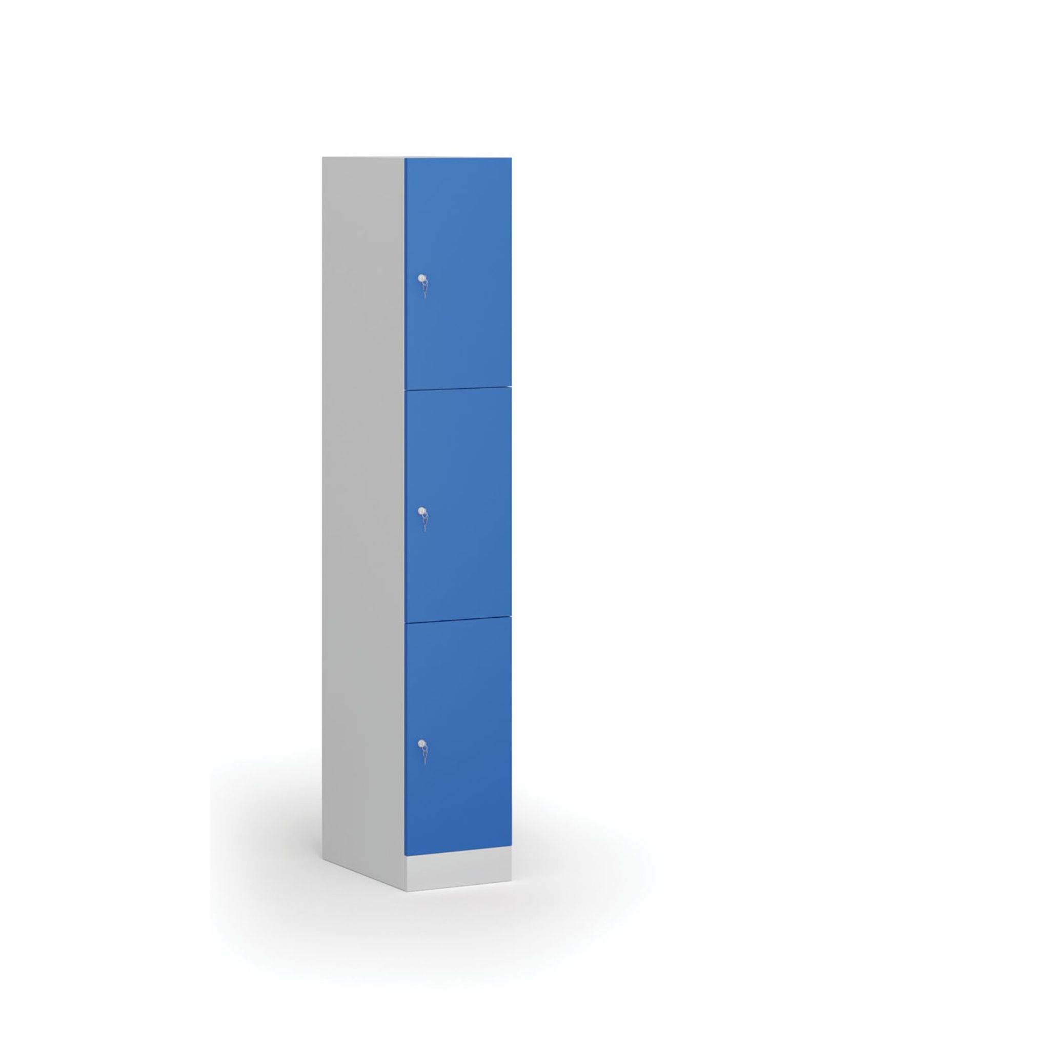 Šatníková skrinka s úložnými boxmi, 3 boxy, 1850 x 300 x 500 mm, cylindrický zámok, modré dvere