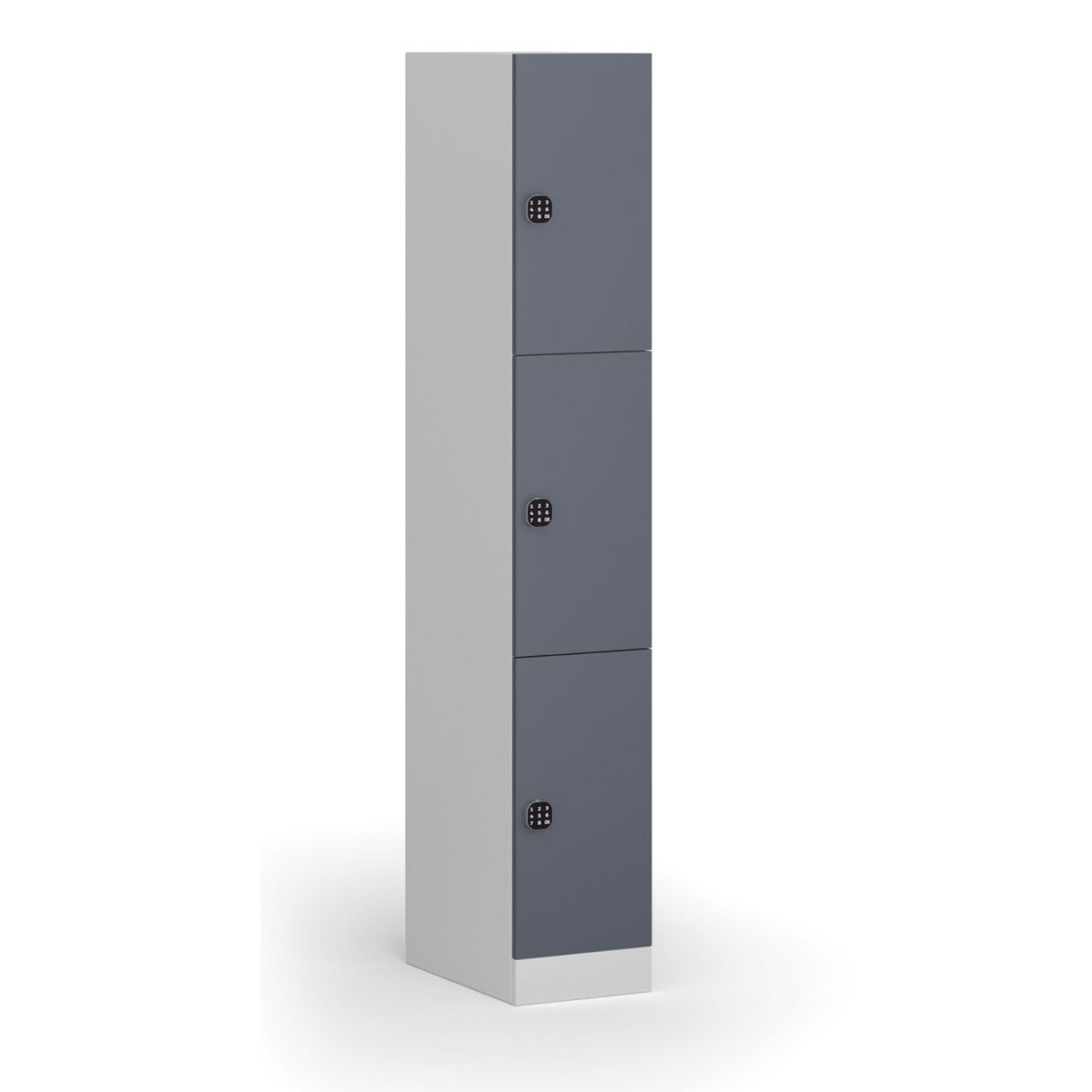 Šatníková skrinka s úložnými boxmi, 3 boxy, 1850 x 300 x 500 mm, kódový zámok, tmavosivé dvere