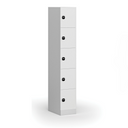 Šatníková skrinka s úložnými boxmi, 5 boxov, 1850 x 300 x 500 mm, demont, zámok s čítačkou RFID kariet, laminované dvere, biela