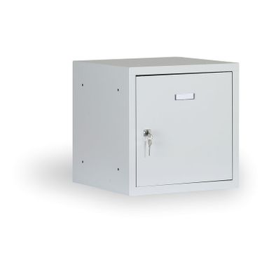 Šatníková skrinka s uzamykateľným boxom 300 x 300 x 300 mm, cylindrický zámok, sivé dvere