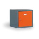 Šatníková skrinka s uzamykateľným boxom 300x300x300 mm, tmavo sivá, oranžové dvere, cylindrický zámok