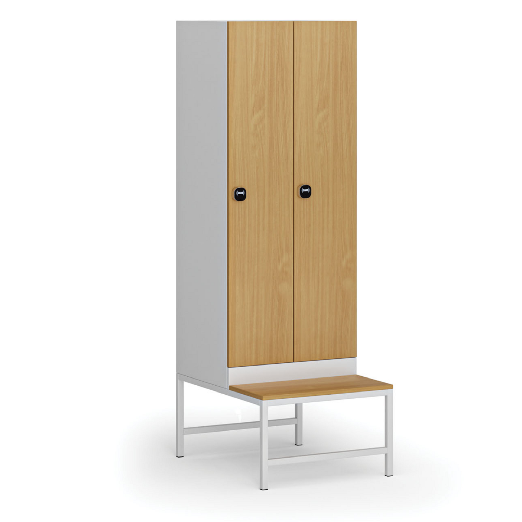 Šatníková skrinka S1 s lavičkou, 2 oddiely, 1875 x 600 x 500/800 mm, demont, zámok s čítačkou RFID kariet, laminované dvere, buk