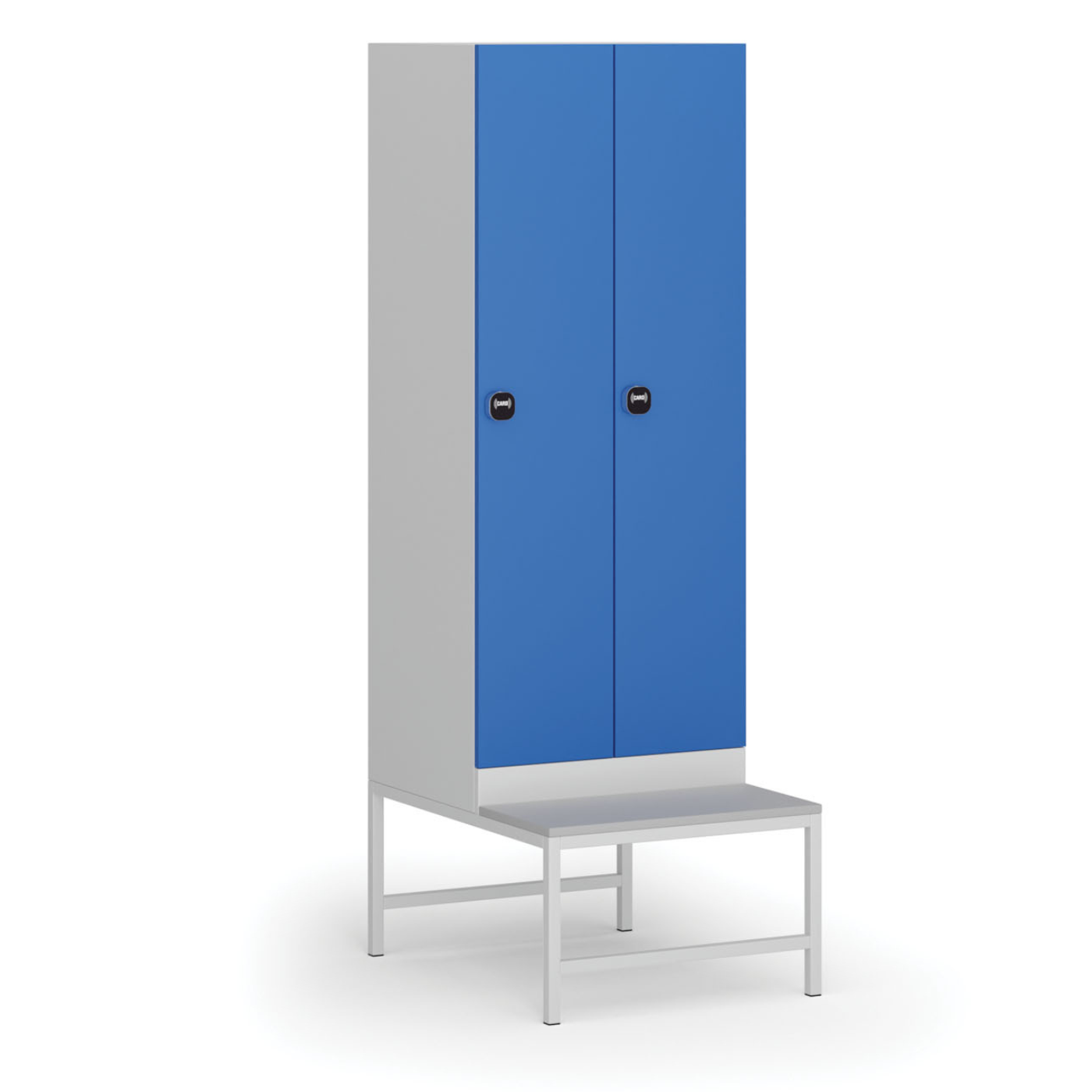 Fotografia produktu: Šatníková skrinka S1 s lavičkou, 2 oddiely, 1875 x 600 x 500/800 mm, demont, zámok s čítačkou RFID kariet, modré dvere