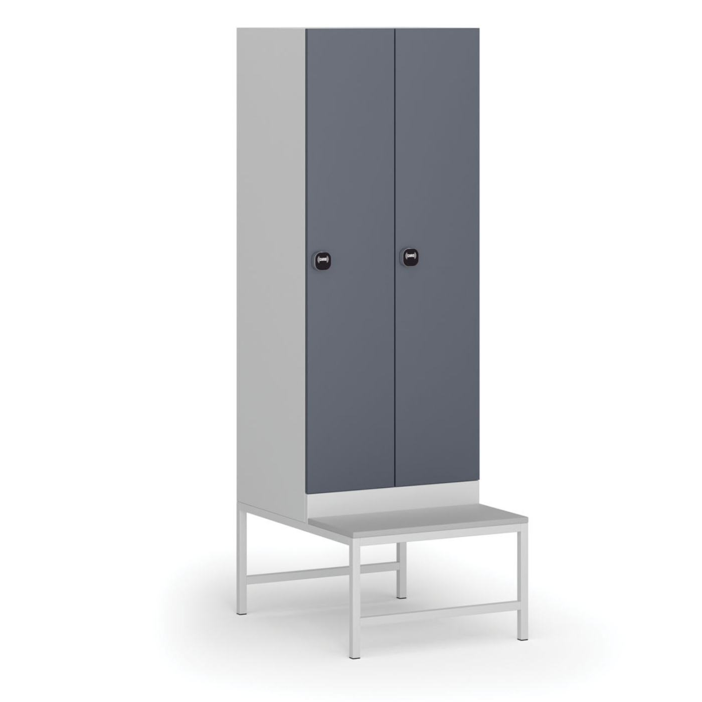 Fotografia produktu: Šatníková skrinka S1 s lavičkou, 2 oddiely, 1875 x 600 x 500/800 mm, demont, zámok s čítačkou RFID kariet, tmavosivé dvere