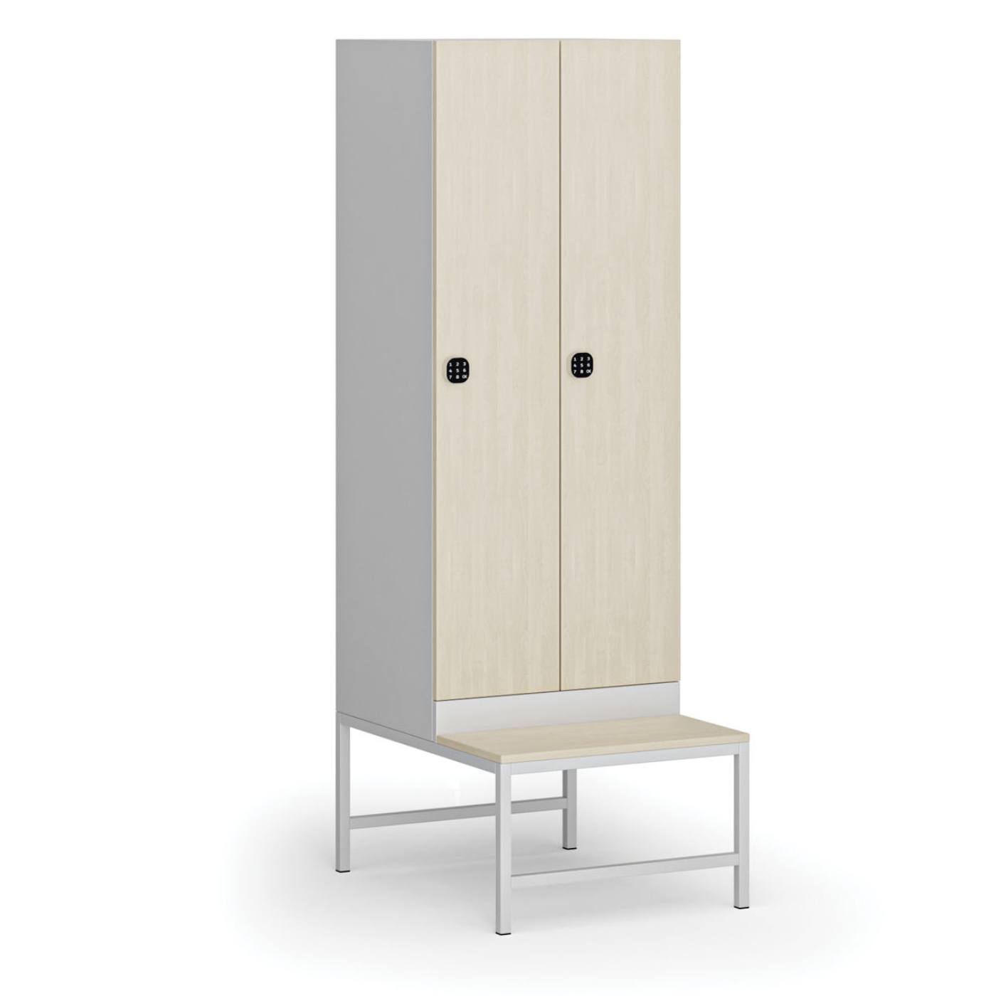 Fotografia produktu: Šatníková skrinka S1 s lavičkou, 2 oddiely, 1875 x 600 x 500/800 mm, kódový zámok, laminované dvere, breza
