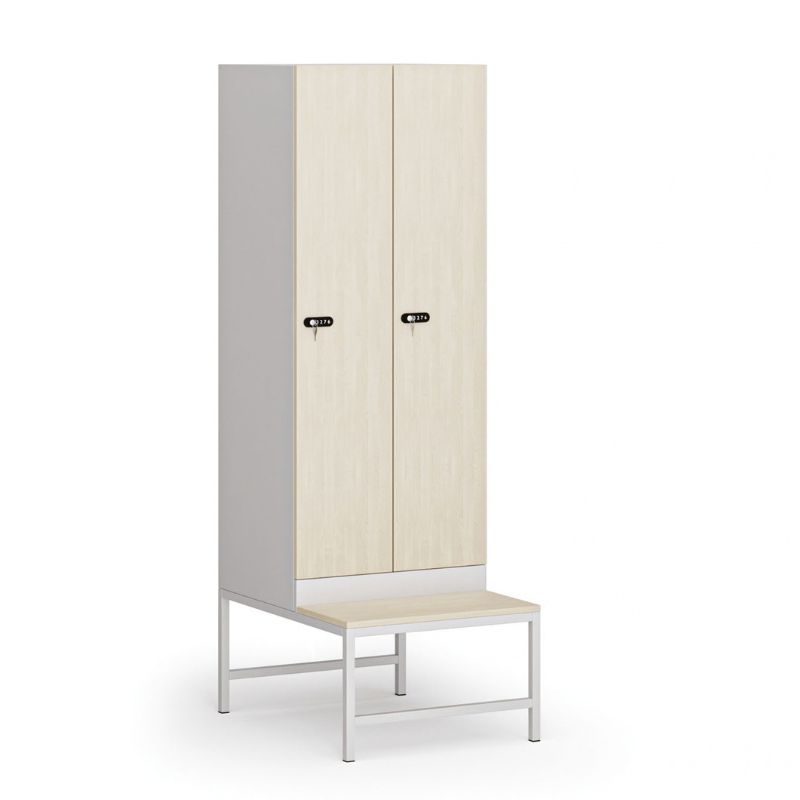 Fotografia produktu: Šatníková skrinka S1 s lavičkou, 2 oddiely, 1875 x 600 x 500/800 mm, mechanický kódový zámok, laminované dvere, breza