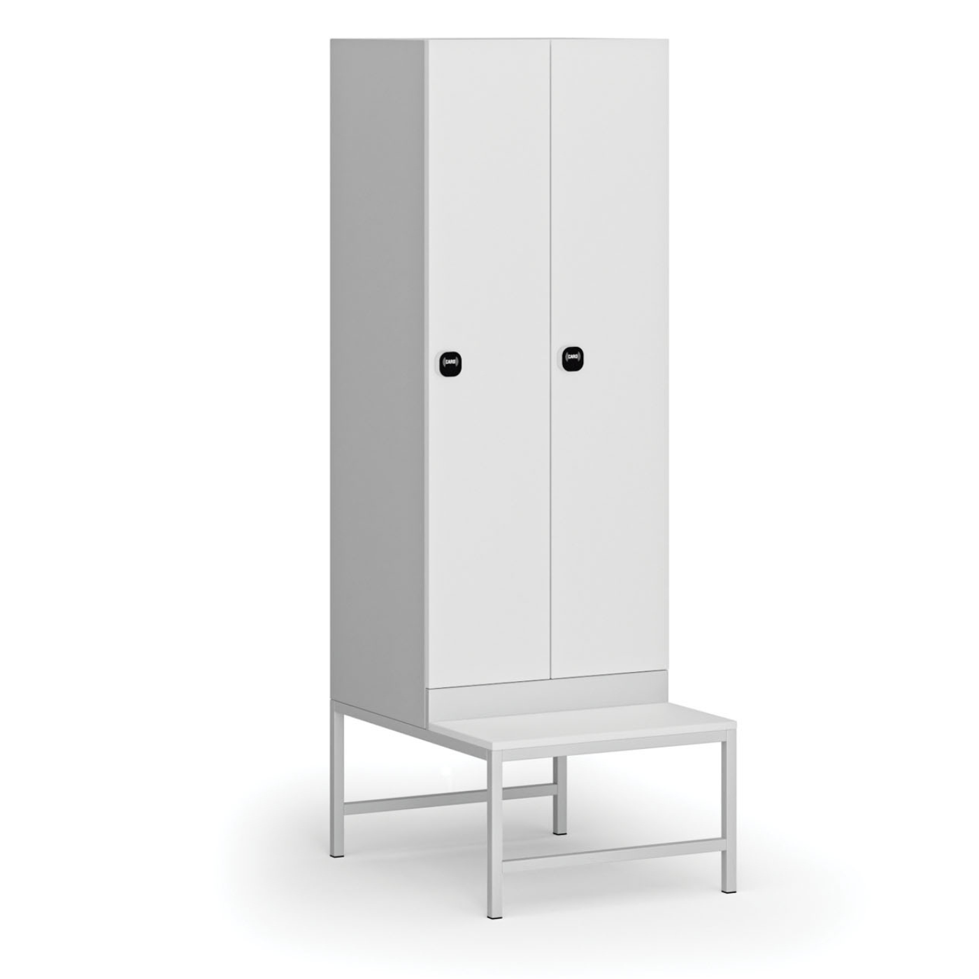 Fotografia produktu: Šatníková skrinka S1 s lavičkou, 2 oddiely, 1875 x 600 x 500/800 mm, zámok s čítačkou RFID kariet, laminované dvere, biela