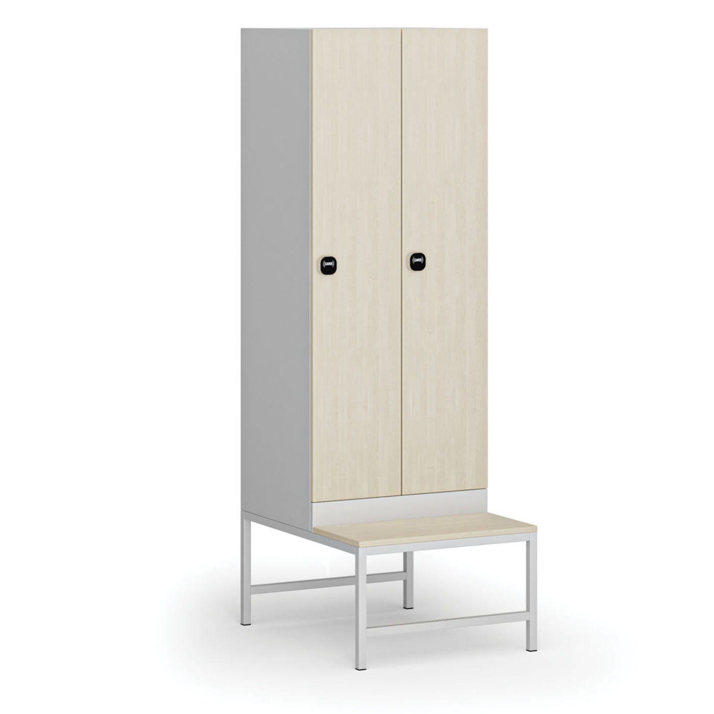 Fotografia produktu: Šatníková skrinka S1 s lavičkou, 2 oddiely, 1875 x 600 x 500/800 mm, zámok s čítačkou RFID kariet, laminované dvere, breza